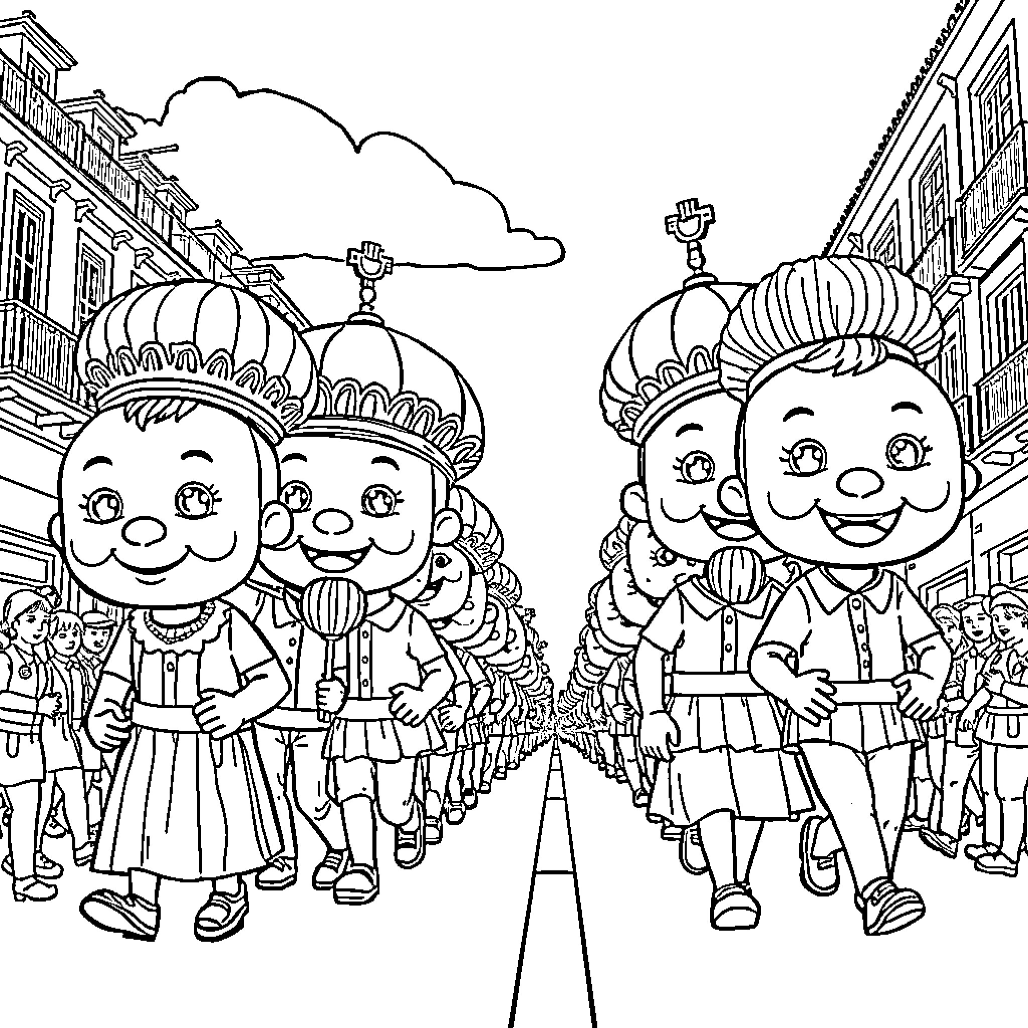 Cabezudos parading through the streets with joy and enthusiasm Coloring Page (free black-and-white line drawing printable PDF for all, from beginners to advanced learners, including children, teens, adults, and seniors)