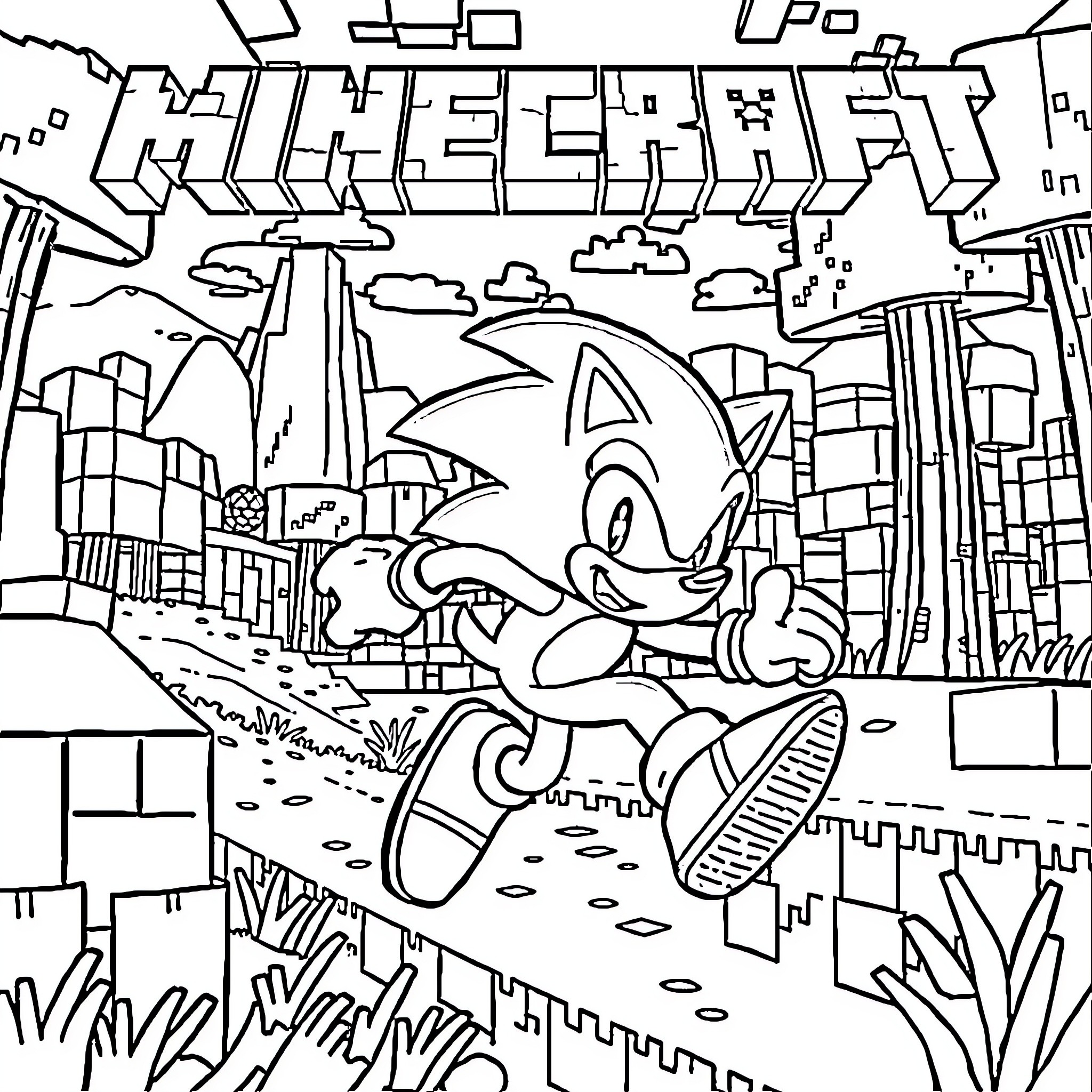 Minecraft Sonic the Hedgehog in a Cityscape Coloring Page (free black-and-white line drawing printable PDF for all, from beginners to advanced learners, including children, teens, adults, and seniors)
