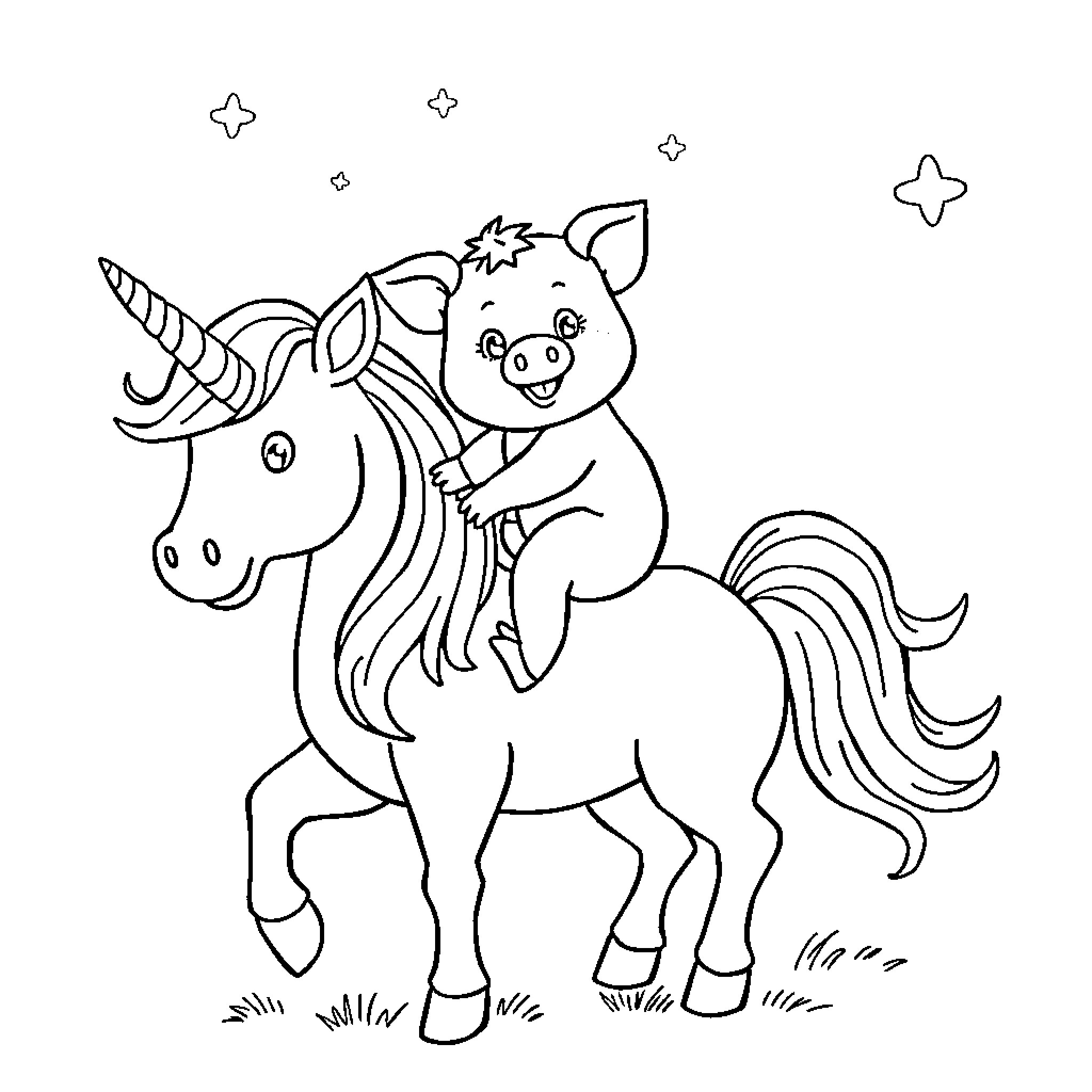 Pig riding a unicorn in a magical scene Coloring Page (free black-and-white line drawing printable PDF for all, from beginners to advanced learners, including children, teens, adults, and seniors)