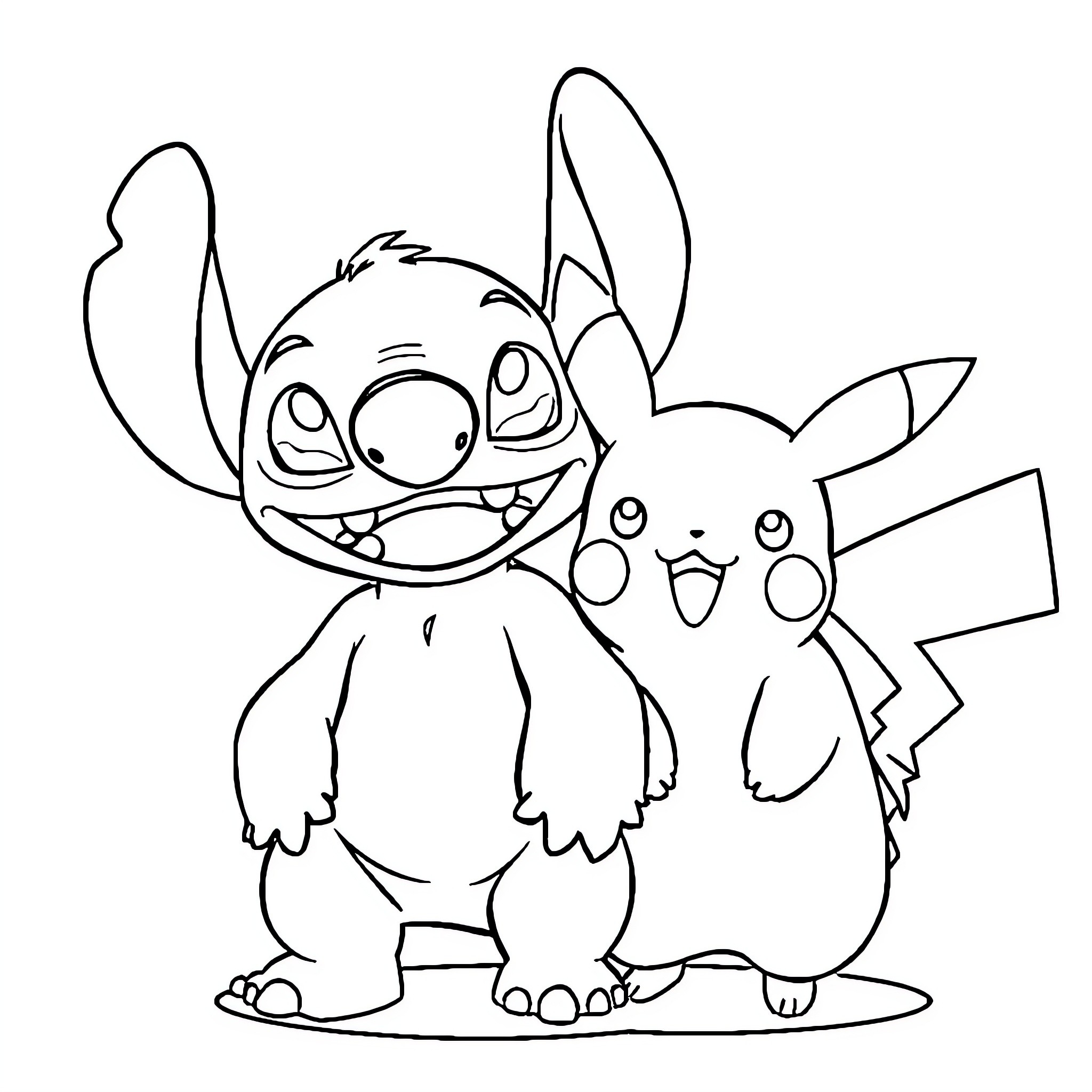 Stitch and Pikachu playing together Coloring Page (free black-and-white line drawing printable PDF for all, from beginners to advanced learners, including children, teens, adults, and seniors)