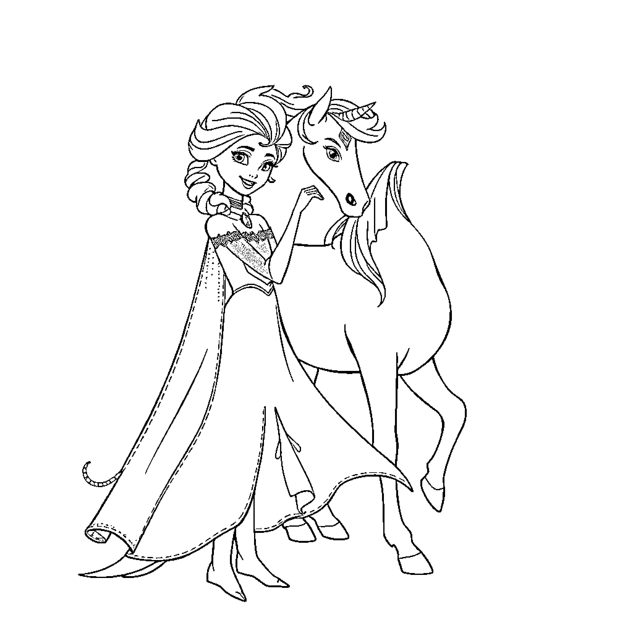 Elsa and her magical horse companion Coloring Page (free black-and-white line drawing printable PDF for all, from beginners to advanced learners, including children, teens, adults, and seniors)