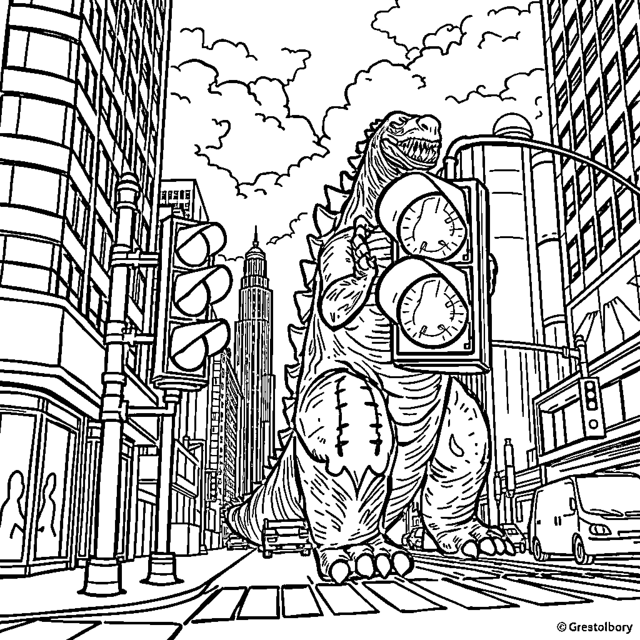 Semaforo Kaiju Invasion: Towering Monster Confronts City Skyline Coloring Page (free black-and-white line drawing printable PDF for all, from beginners to advanced learners, including children, teens, adults, and seniors)