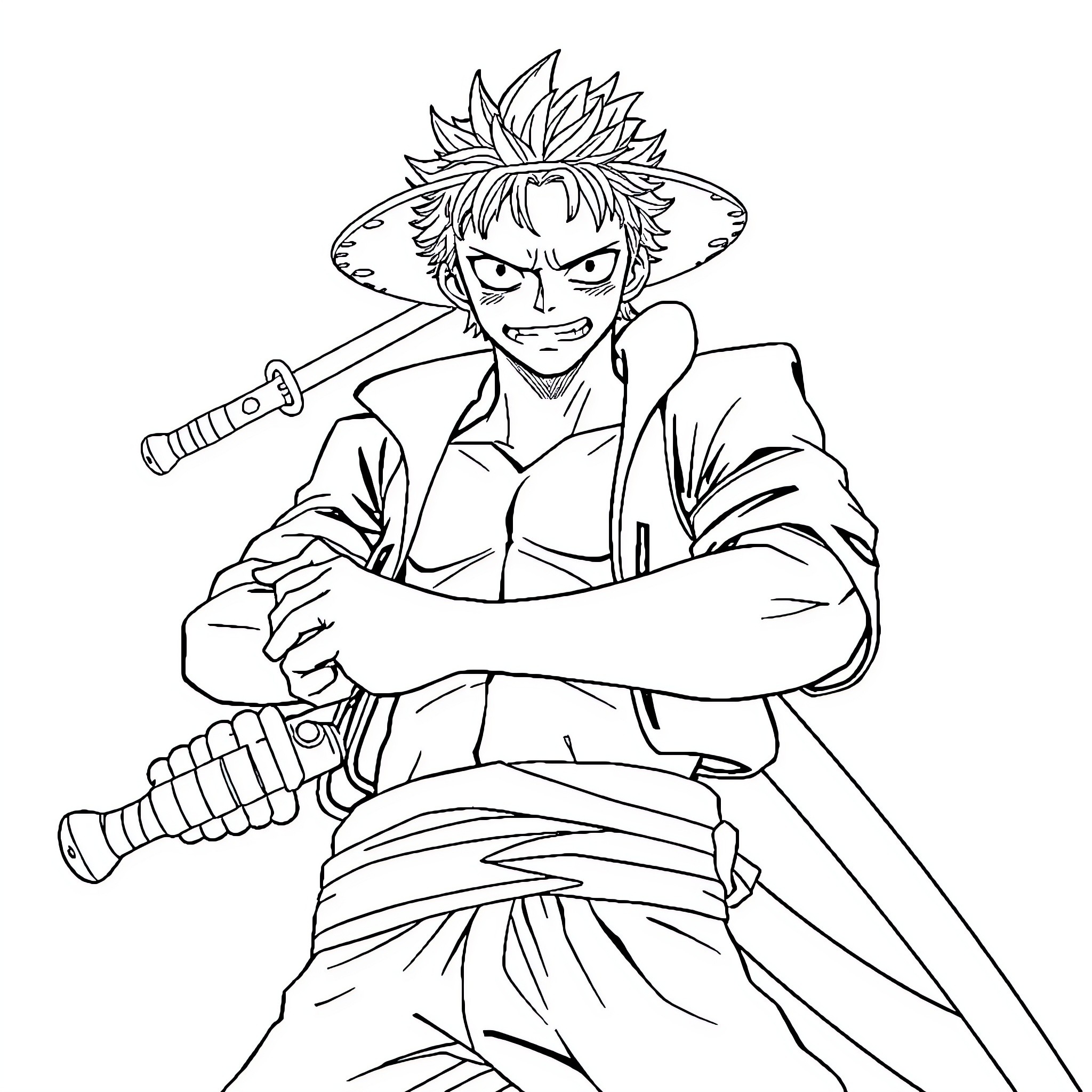 Zoro in a Determined Stance with Swords Coloring Page (free black-and-white line drawing printable PDF for all, from beginners to advanced learners, including children, teens, adults, and seniors)