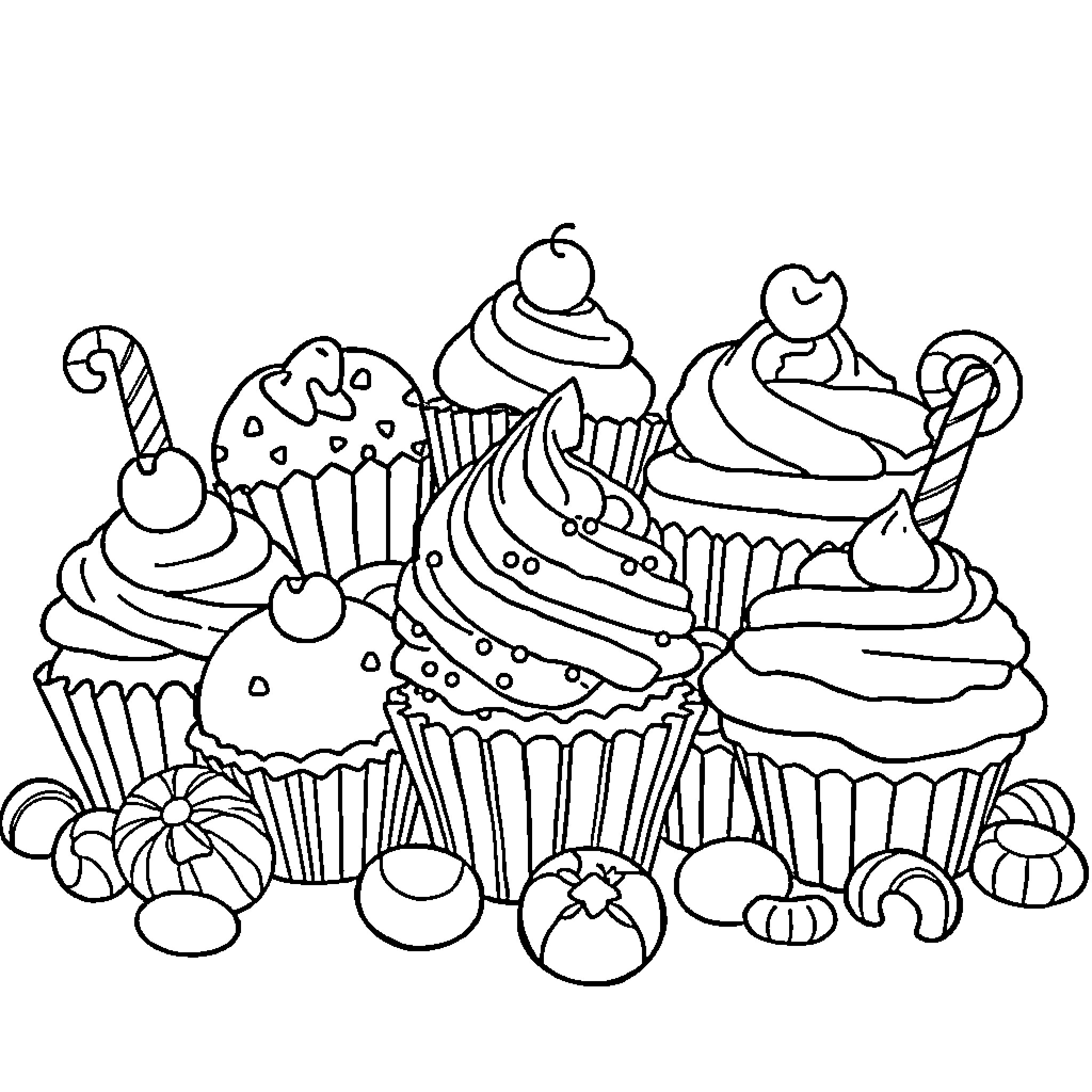 Sweet Assortment of Delectable Treats Coloring Page (free black-and-white line drawing printable PDF for all, from beginners to advanced learners, including children, teens, adults, and seniors)