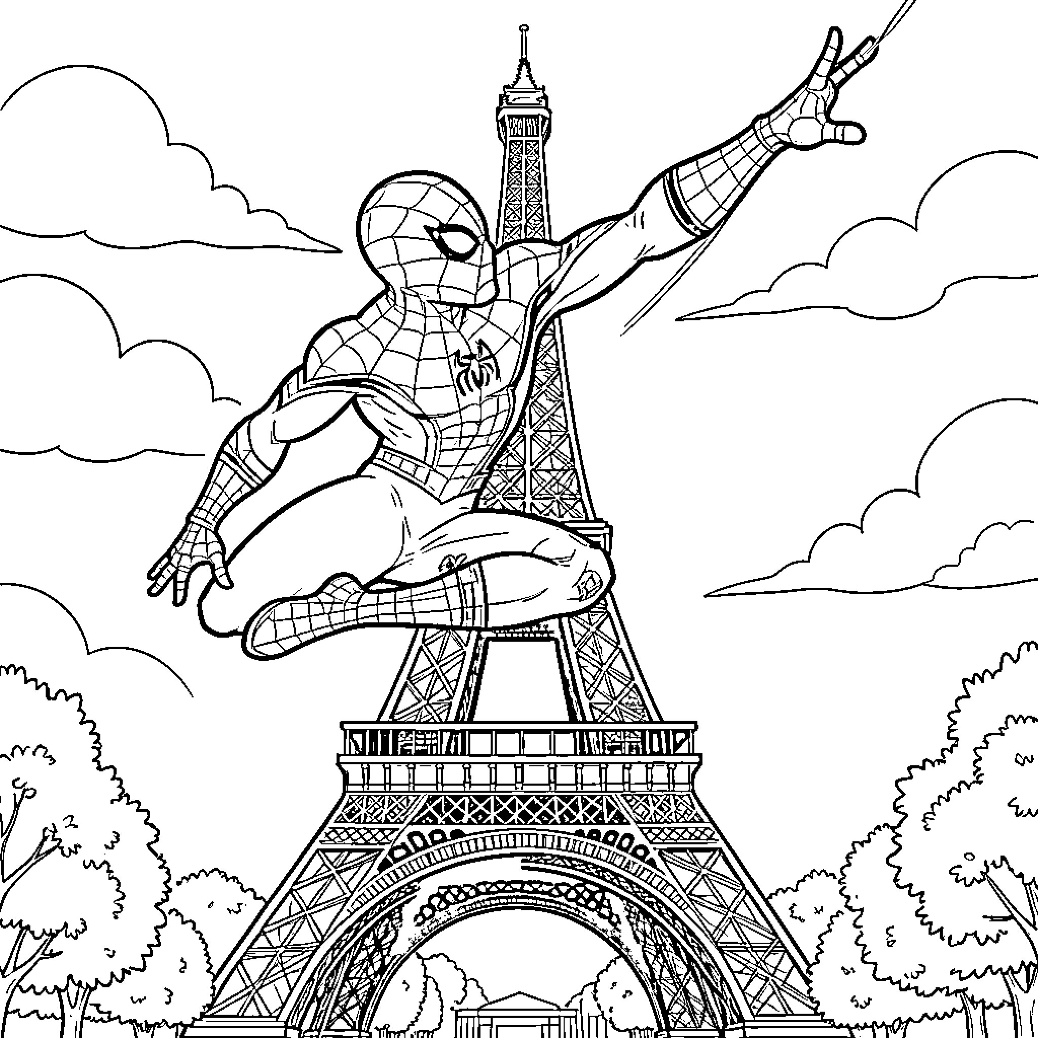 Spiderman leaping heroically in front of the Eiffel Tower Coloring Page (free black-and-white line drawing printable PDF for all, from beginners to advanced learners, including children, teens, adults, and seniors)