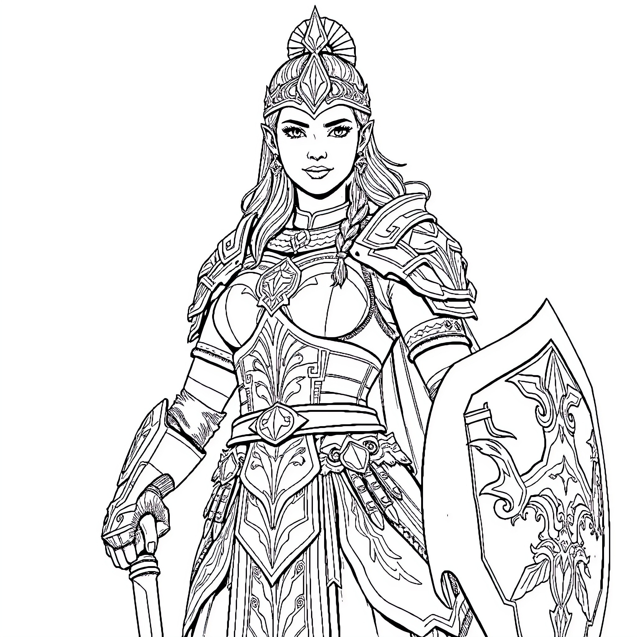 Sang'gre Pirena in ornate warrior attire Coloring Page (free black-and-white line drawing printable PDF for all, from beginners to advanced learners, including children, teens, adults, and seniors)