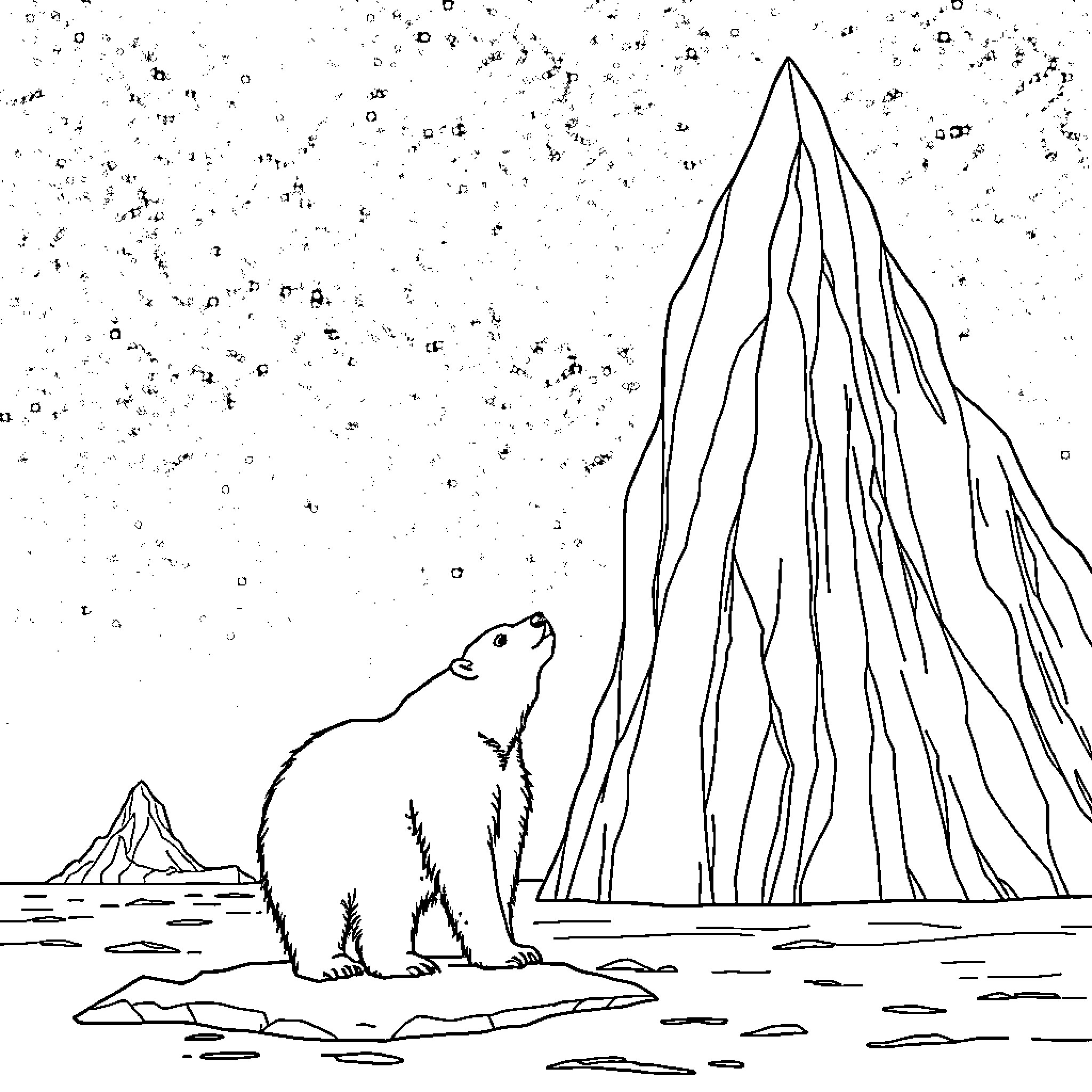 Polar Bear on an Arctic Landscape Coloring Page (free black-and-white line drawing printable PDF for all, from beginners to advanced learners, including children, teens, adults, and seniors)