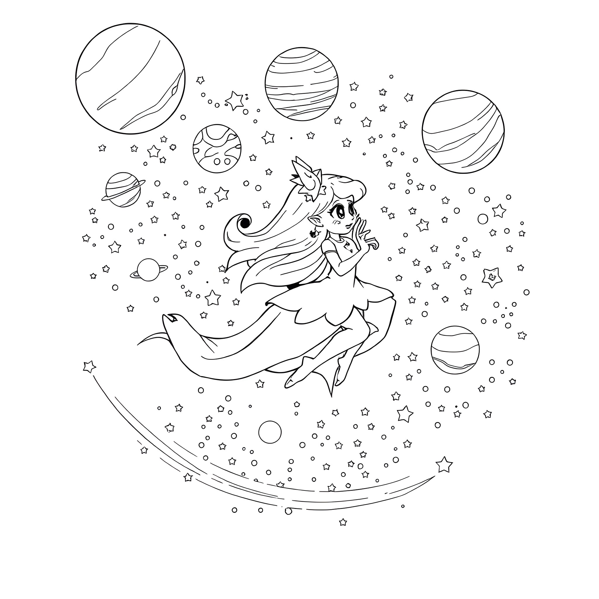 Rosalina dancing among the stars Coloring Page (free black-and-white line drawing printable PDF for all, from beginners to advanced learners, including children, teens, adults, and seniors)