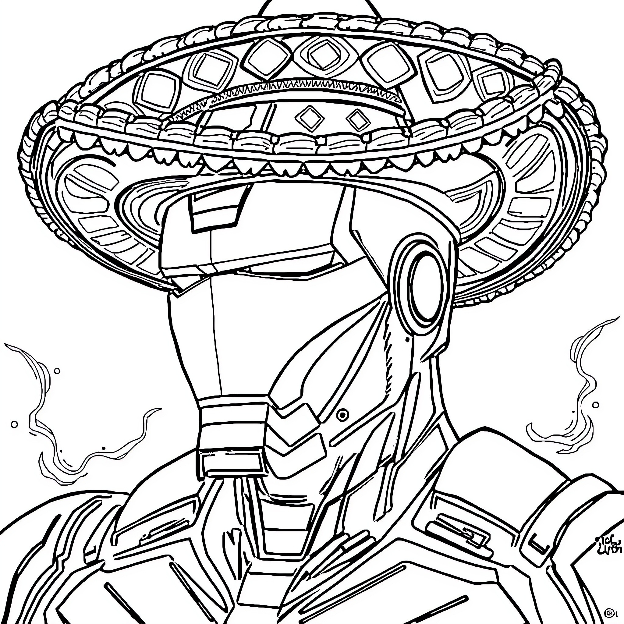 Iron Man wearing ornate headpiece in action Coloring Page (free black-and-white line drawing printable PDF for all, from beginners to advanced learners, including children, teens, adults, and seniors)