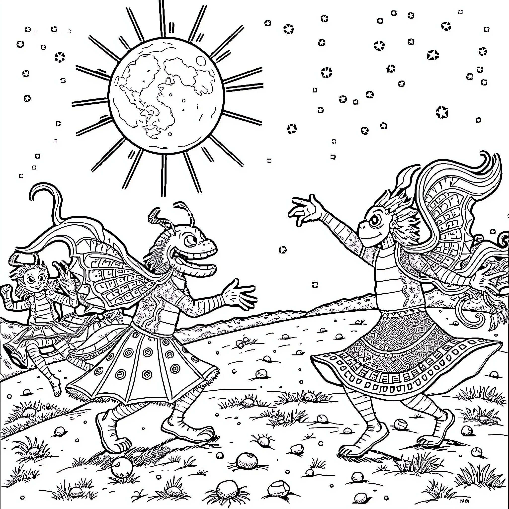 Skeleton figures performing in a whimsical landscape Coloring Page (free black-and-white line drawing printable PDF for all, from beginners to advanced learners, including children, teens, adults, and seniors)