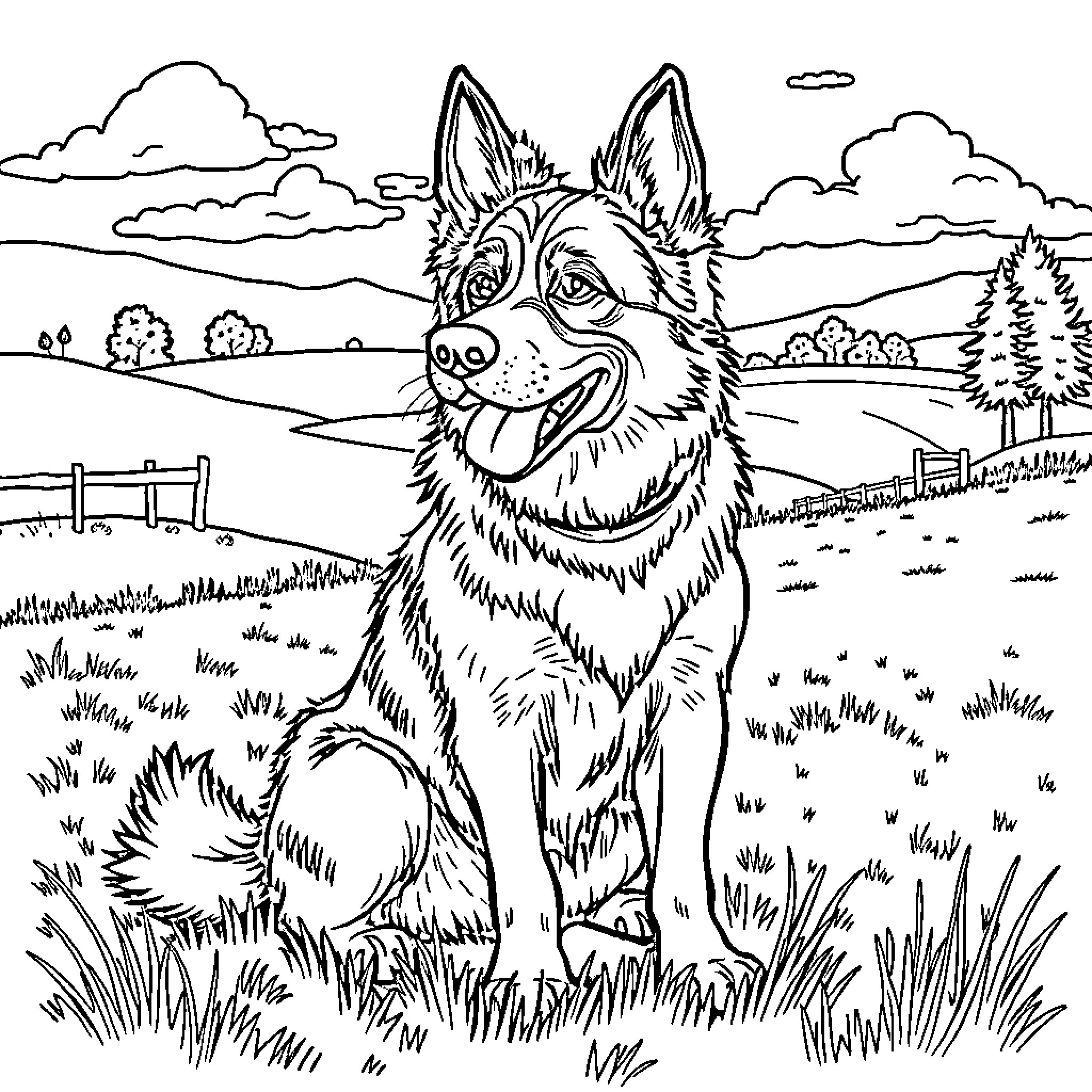 Sounder: Loyal canine companion in tranquil countryside Coloring Page (free black-and-white line drawing printable PDF for all, from beginners to advanced learners, including children, teens, adults, and seniors)