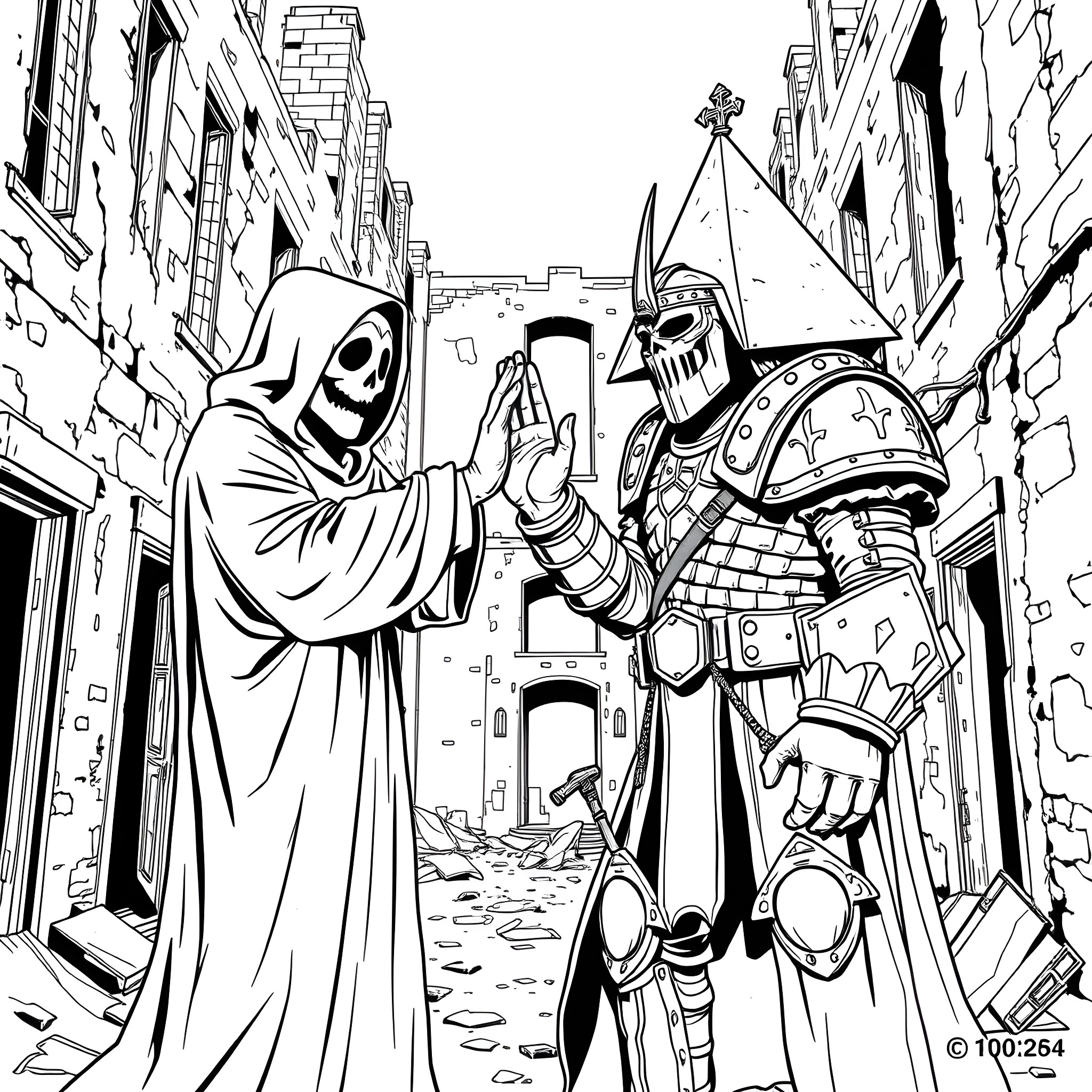 Ghostface characters in a dark urban setting Coloring Page (free black-and-white line drawing printable PDF for all, from beginners to advanced learners, including children, teens, adults, and seniors)