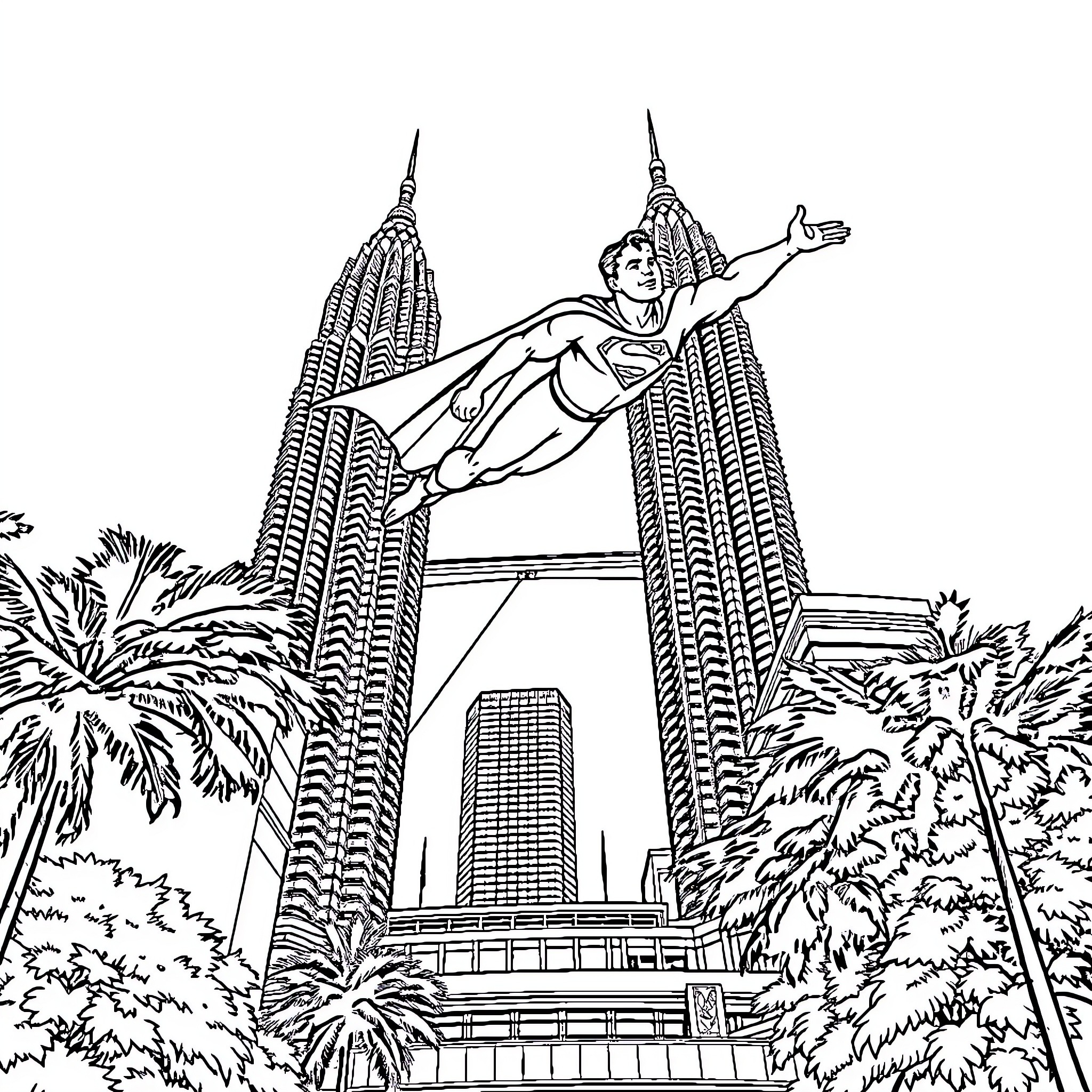 Superman flying over the Petronas Towers Coloring Page (free black-and-white line drawing printable PDF for all, from beginners to advanced learners, including children, teens, adults, and seniors)