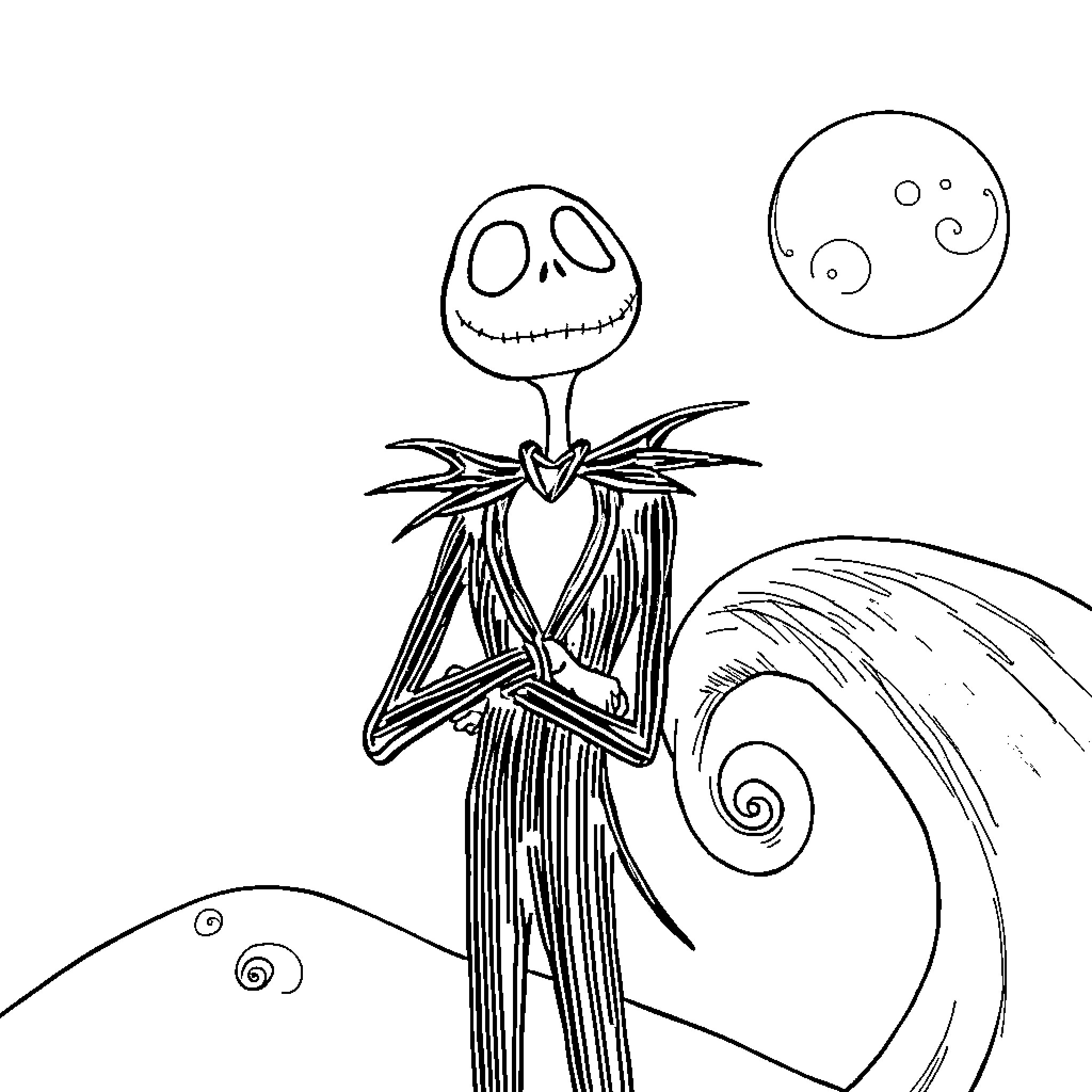 Jack Skellington standing in moonlit scene Coloring Page (free black-and-white line drawing printable PDF for all, from beginners to advanced learners, including children, teens, adults, and seniors)
