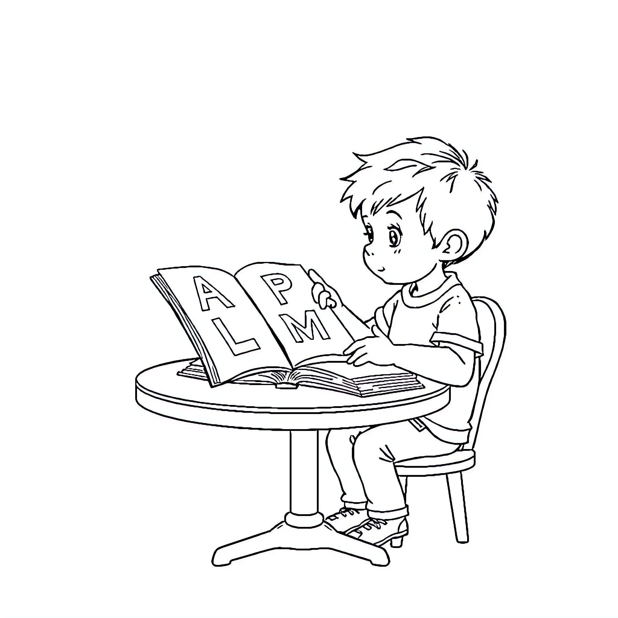 Boy studying diligently at his desk Coloring Page (free black-and-white line drawing printable PDF for all, from beginners to advanced learners, including children, teens, adults, and seniors)