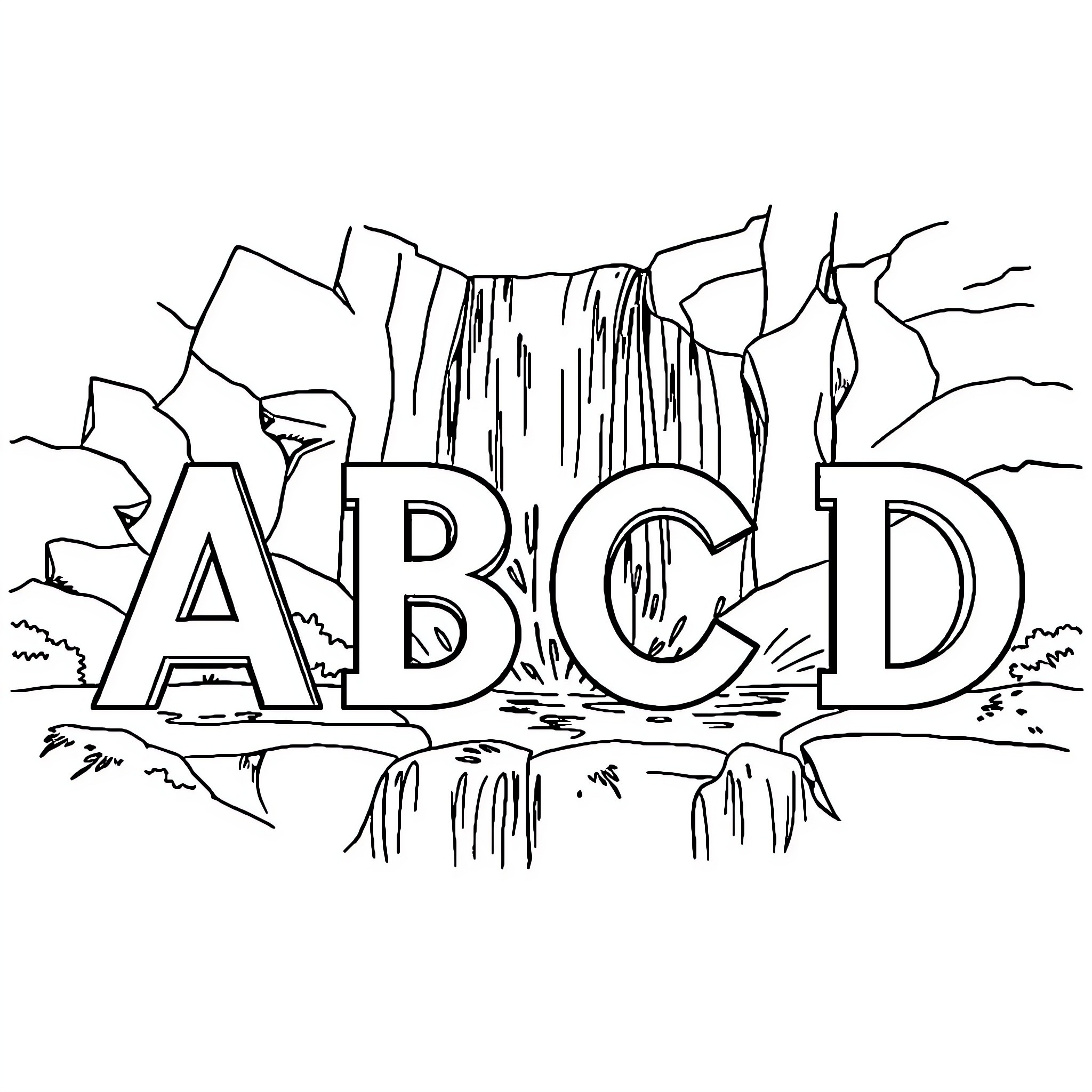 Alphabet waterfall scenery with text Coloring Page (free black-and-white line drawing printable PDF for all, from beginners to advanced learners, including children, teens, adults, and seniors)