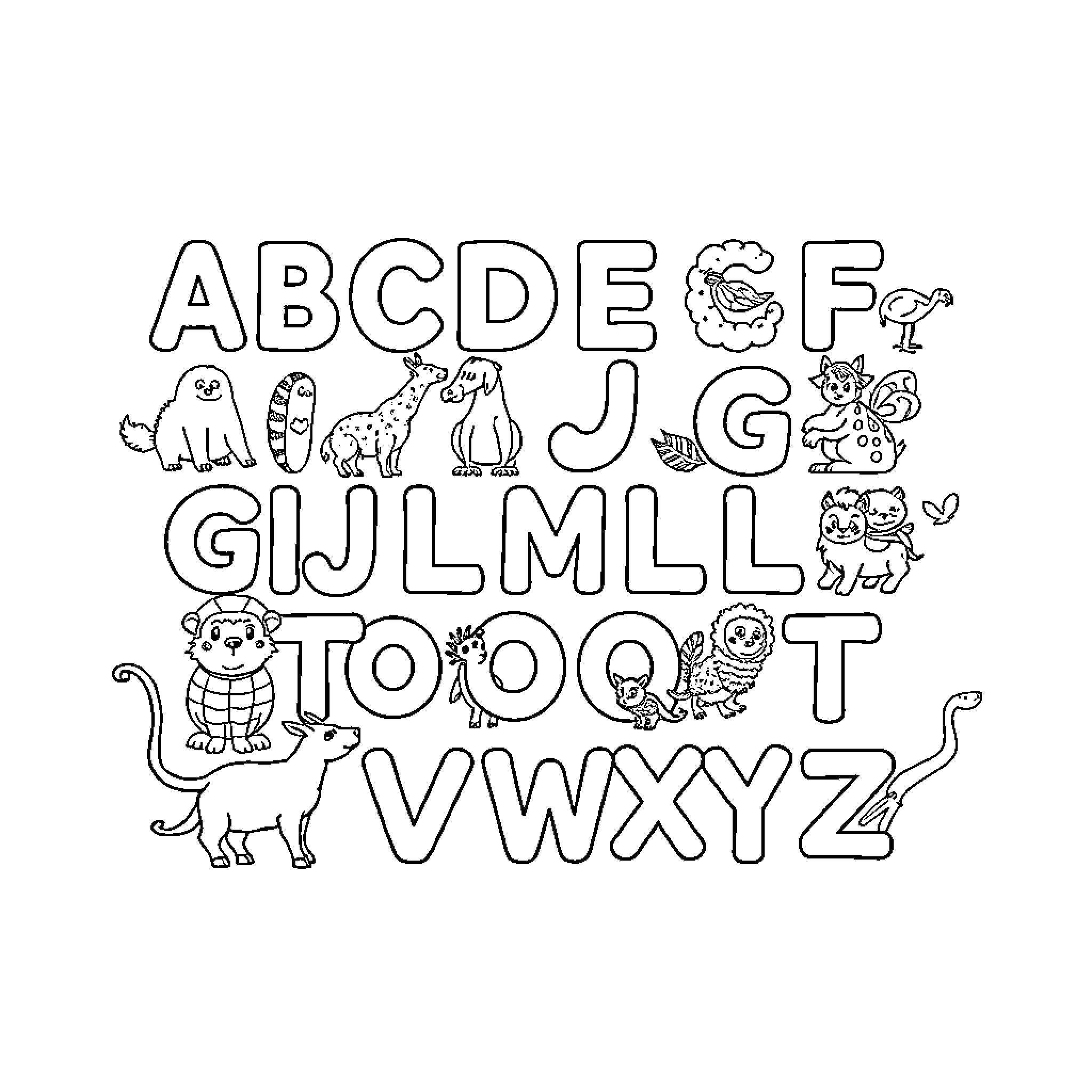 Animal Alphabet with Cartoon Creatures Coloring Page (free black-and-white line drawing printable PDF for all, from beginners to advanced learners, including children, teens, adults, and seniors)