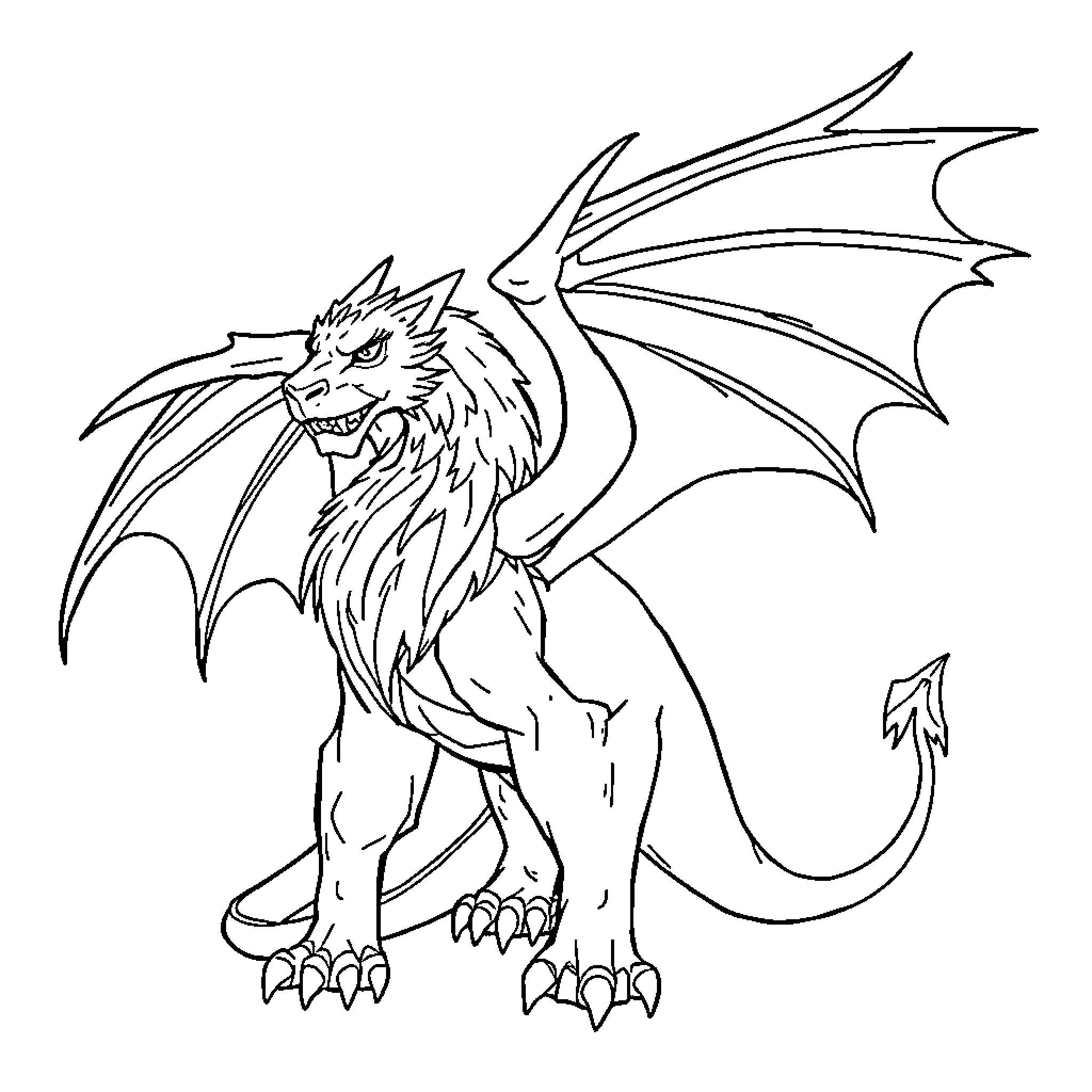 Griffon dragon spreading its wings Coloring Page (free black-and-white line drawing printable PDF for all, from beginners to advanced learners, including children, teens, adults, and seniors)