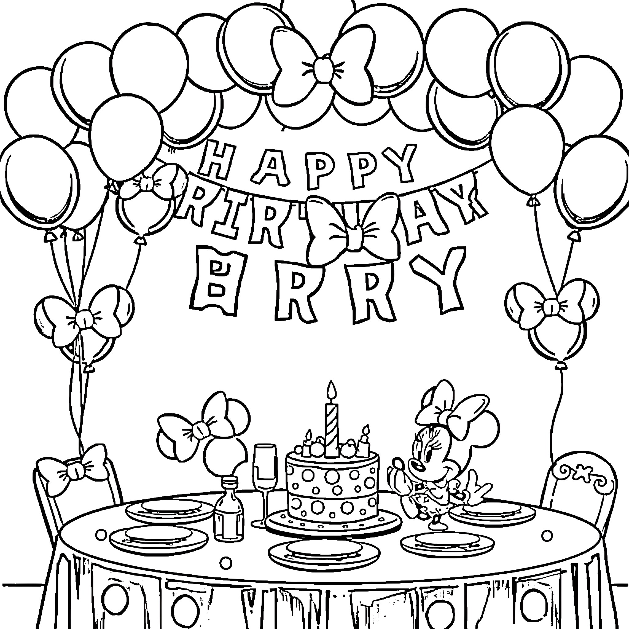 Minnie Mouse celebrates a happy birthday party Coloring Page (free black-and-white line drawing printable PDF for all, from beginners to advanced learners, including children, teens, adults, and seniors)