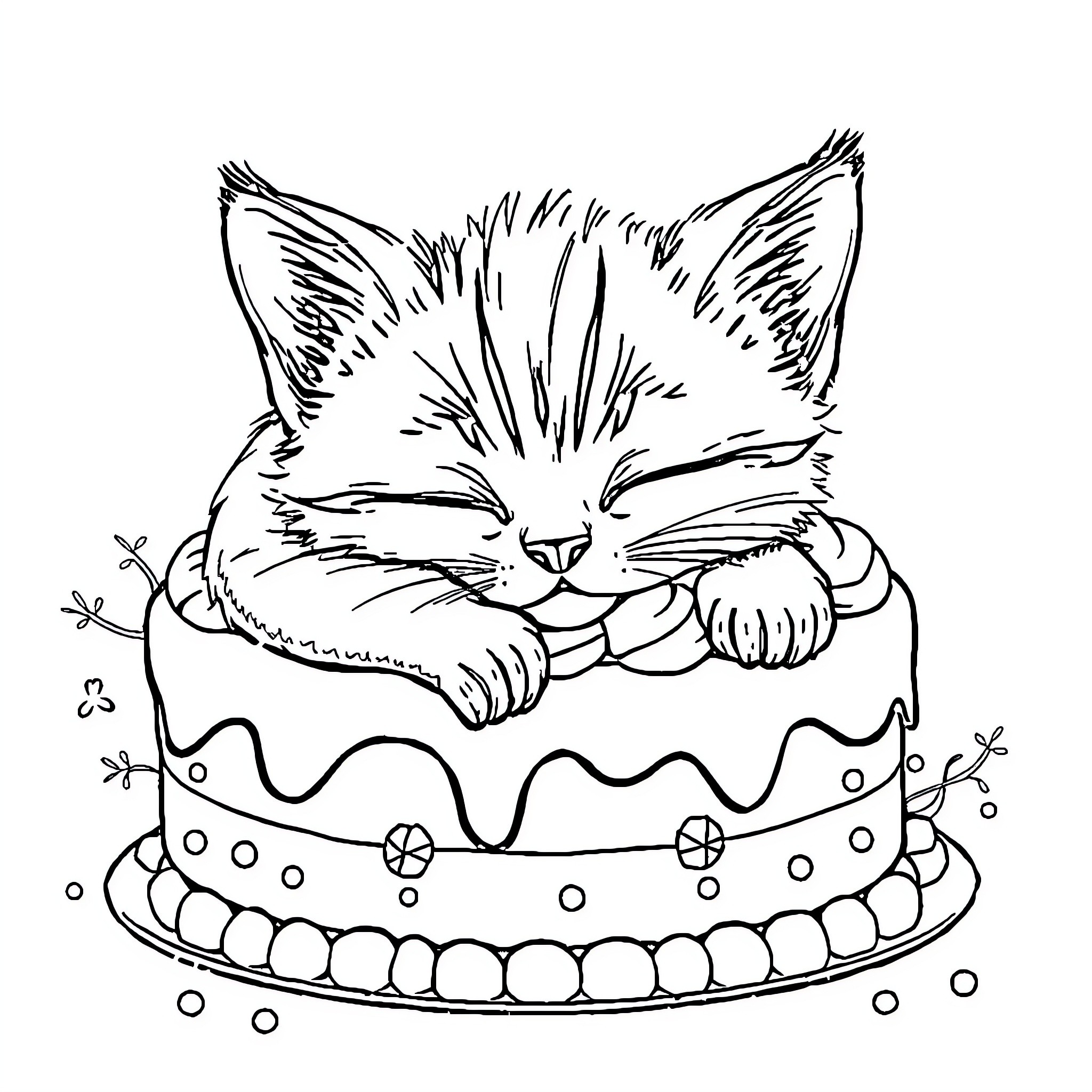 Kitten sleeping soundly on a decorated cake Coloring Page (free black-and-white line drawing printable PDF for all, from beginners to advanced learners, including children, teens, adults, and seniors)