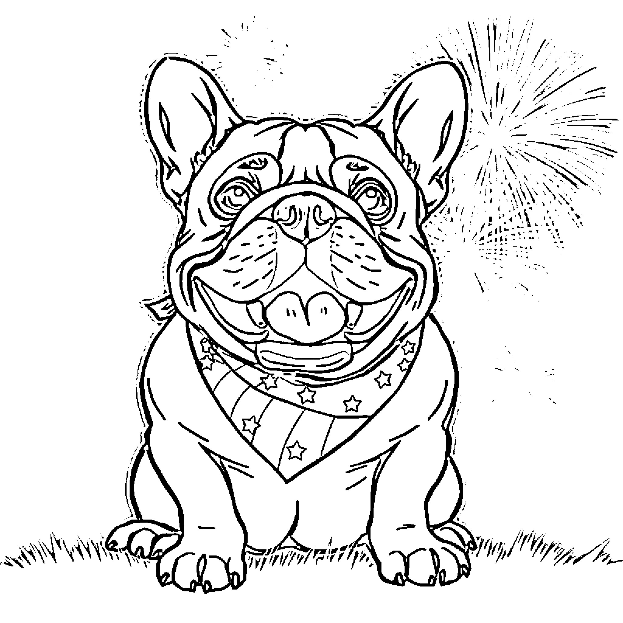 Bulldog wearing a festive scarf and celebrating Coloring Page (free black-and-white line drawing printable PDF for all, from beginners to advanced learners, including children, teens, adults, and seniors)