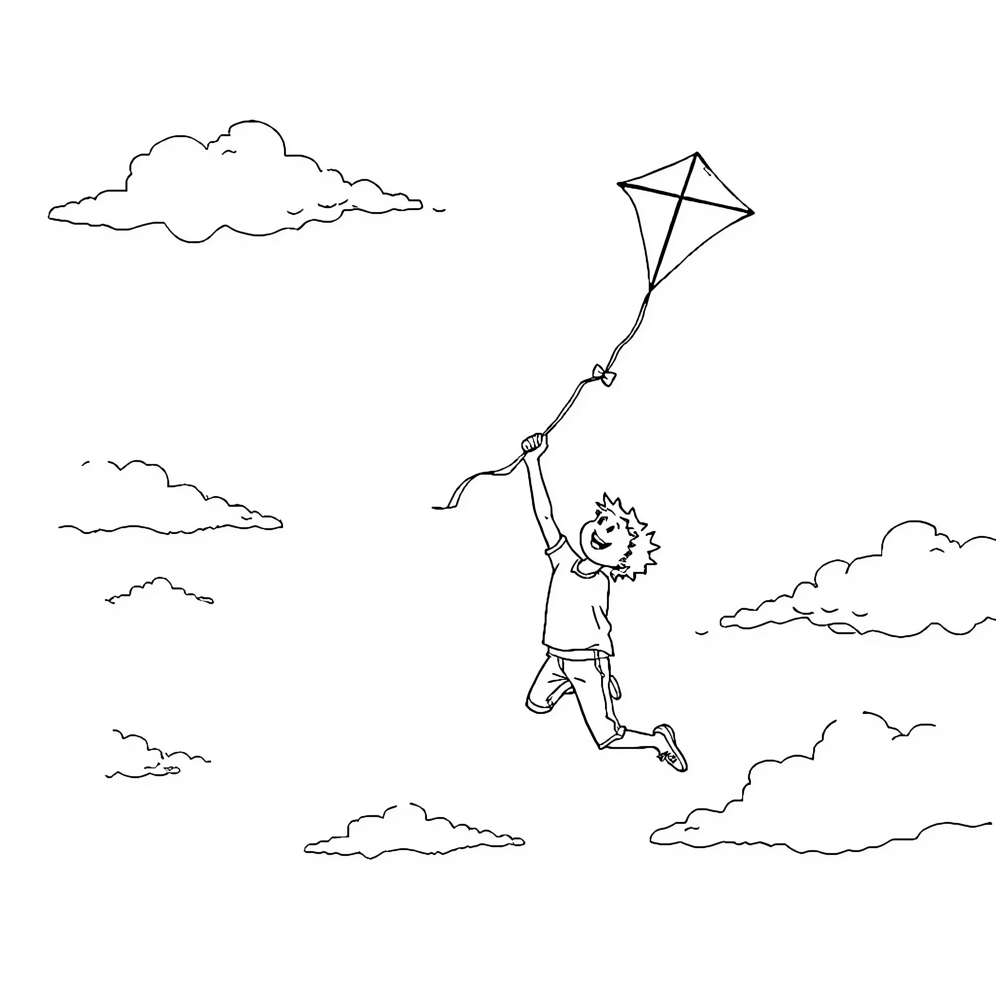 Boy flying a kite on a windy day Coloring Page (free black-and-white line drawing printable PDF for all, from beginners to advanced learners, including children, teens, adults, and seniors)