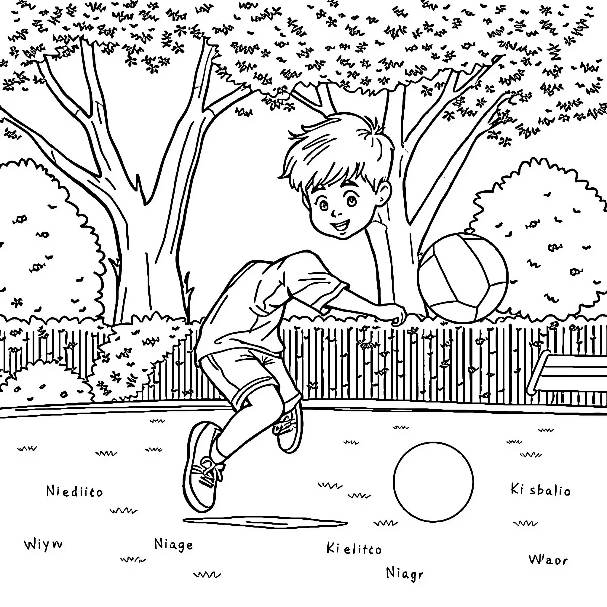 Child playing joyfully with ball in park Coloring Page (free black-and-white line drawing printable PDF for all, from beginners to advanced learners, including children, teens, adults, and seniors)