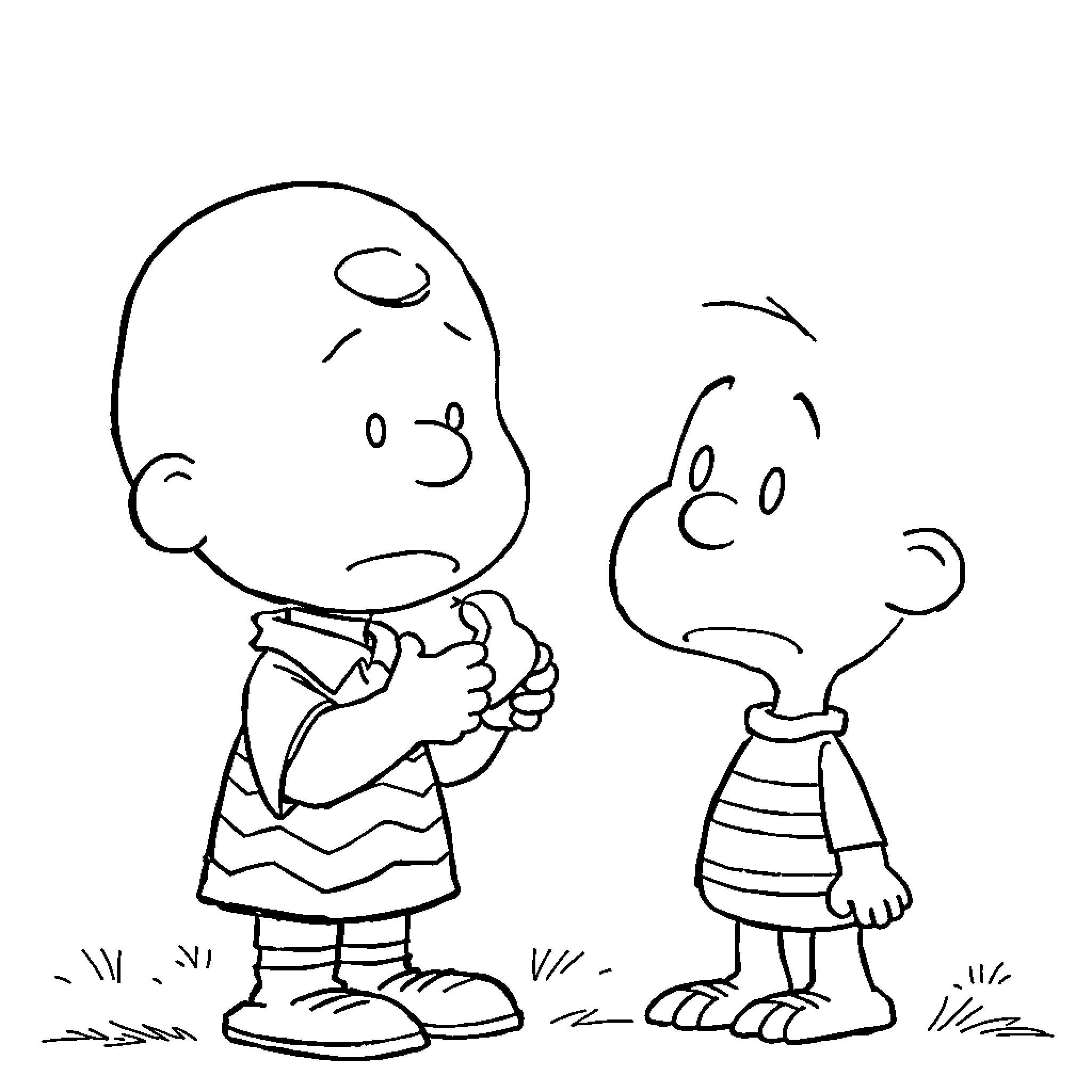 Charlie Brown and Friend in Contemplative Mood Coloring Page (free black-and-white line drawing printable PDF for all, from beginners to advanced learners, including children, teens, adults, and seniors)
