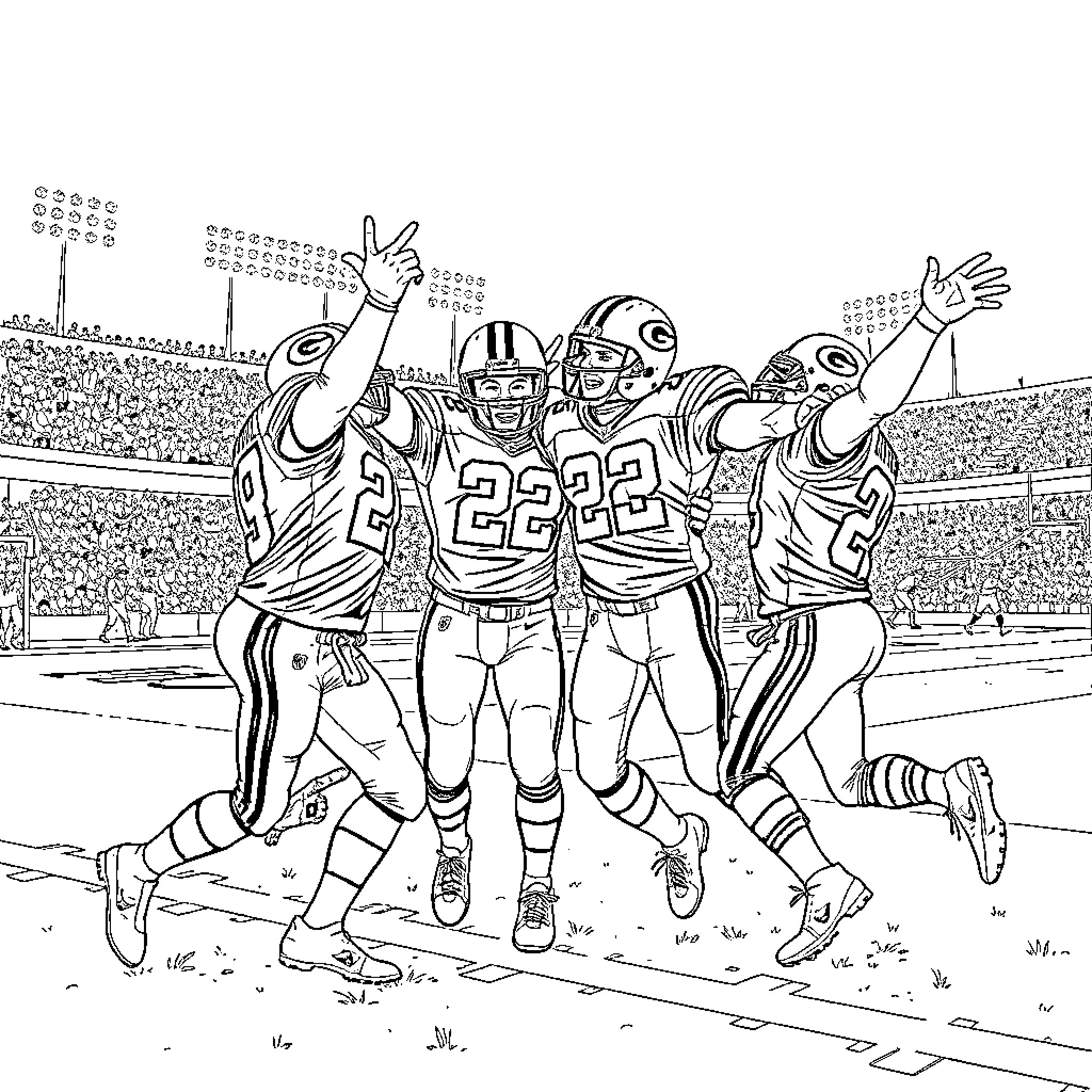 Packers celebrating victory on the field Coloring Page (free black-and-white line drawing printable PDF for all, from beginners to advanced learners, including children, teens, adults, and seniors)