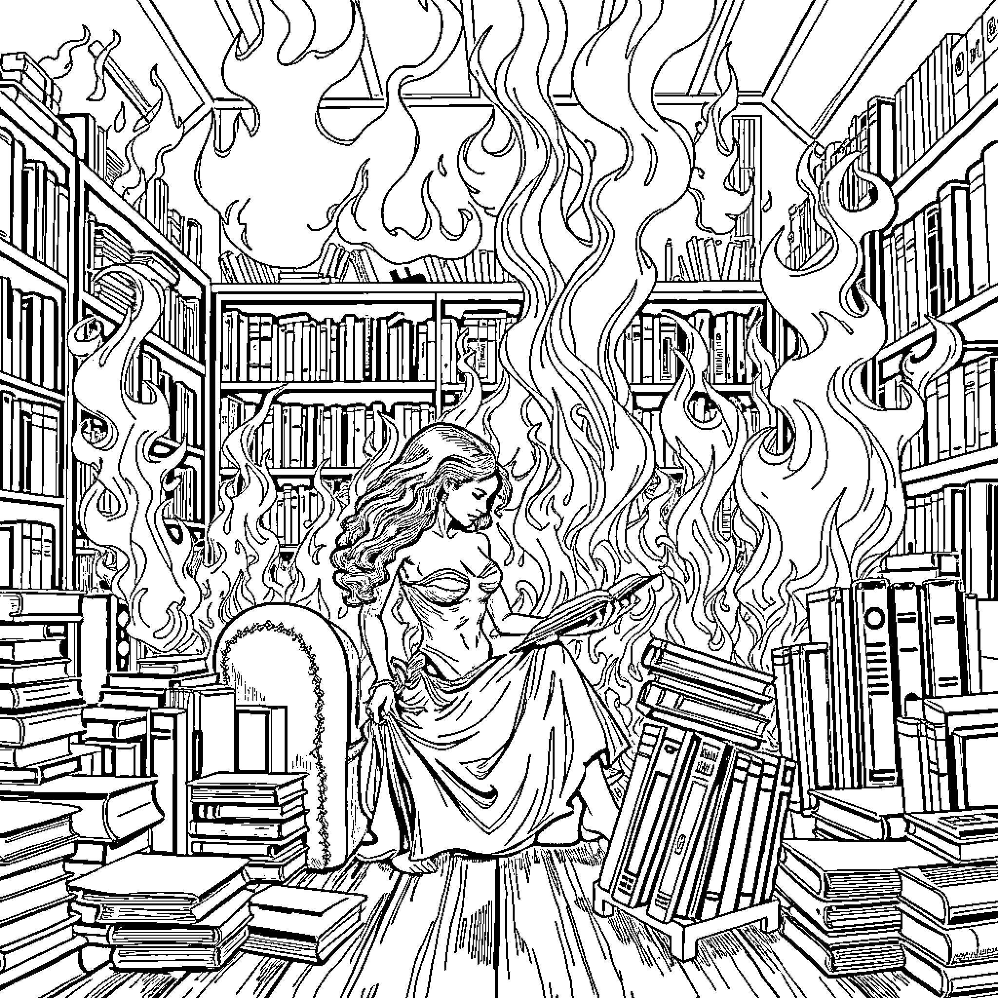 Woman reading amidst burning books in a chaotic library Coloring Page (free black-and-white line drawing printable PDF for all, from beginners to advanced learners, including children, teens, adults, and seniors)