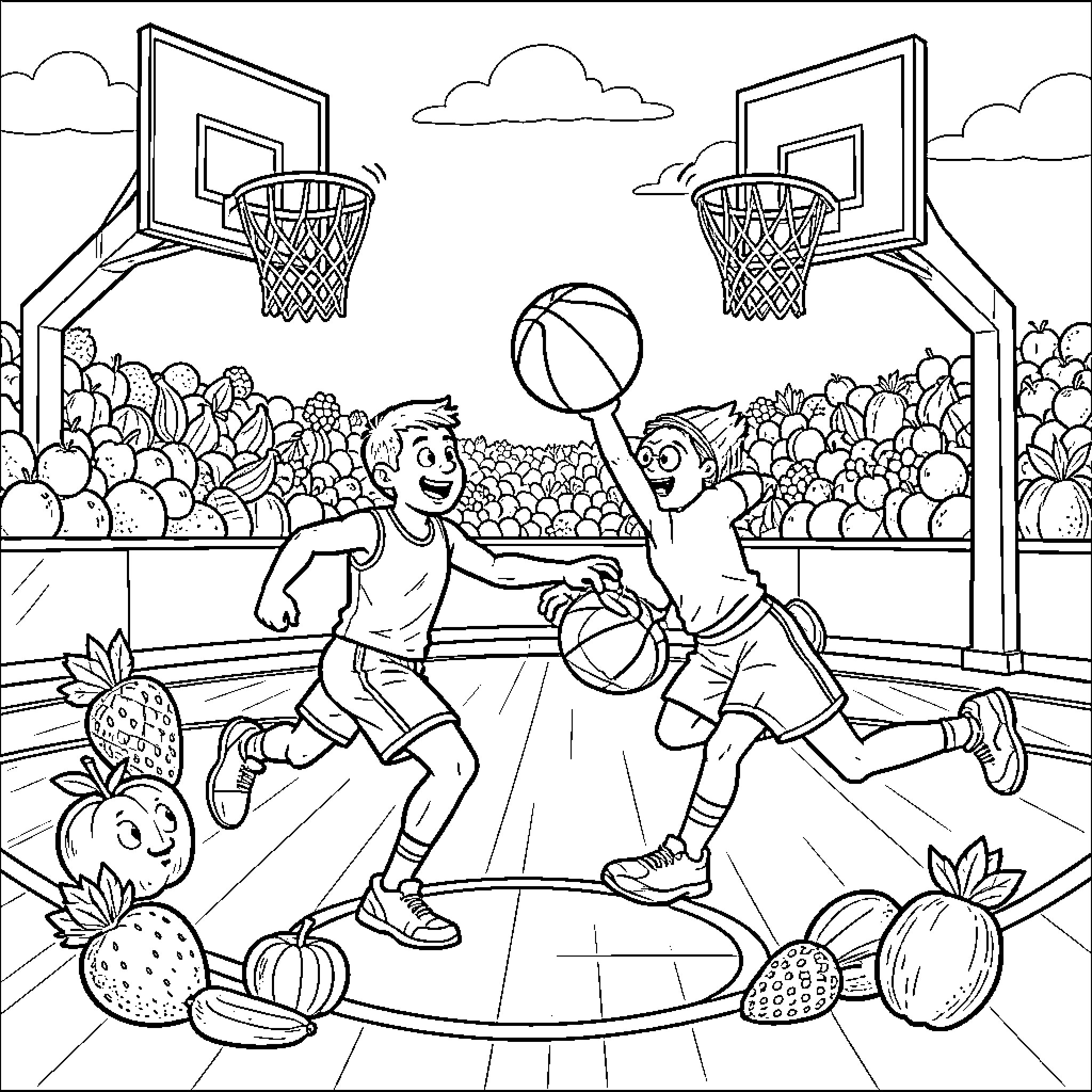Fruit and Vegetable characters playing basketball on a court Coloring Page (free black-and-white line drawing printable PDF for all, from beginners to advanced learners, including children, teens, adults, and seniors)
