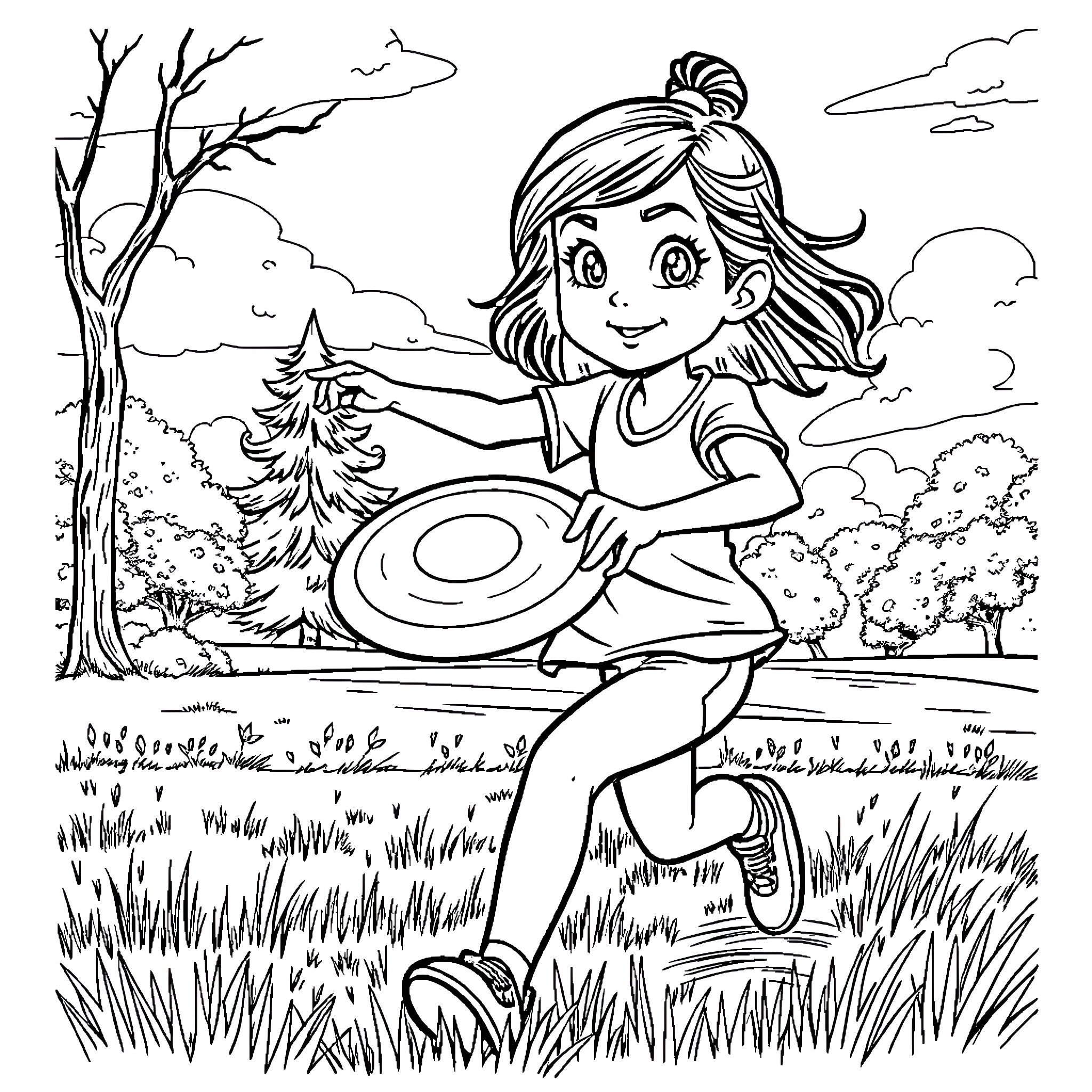 Girl playing with frisbee in outdoor nature scene Coloring Page (free black-and-white line drawing printable PDF for all, from beginners to advanced learners, including children, teens, adults, and seniors)