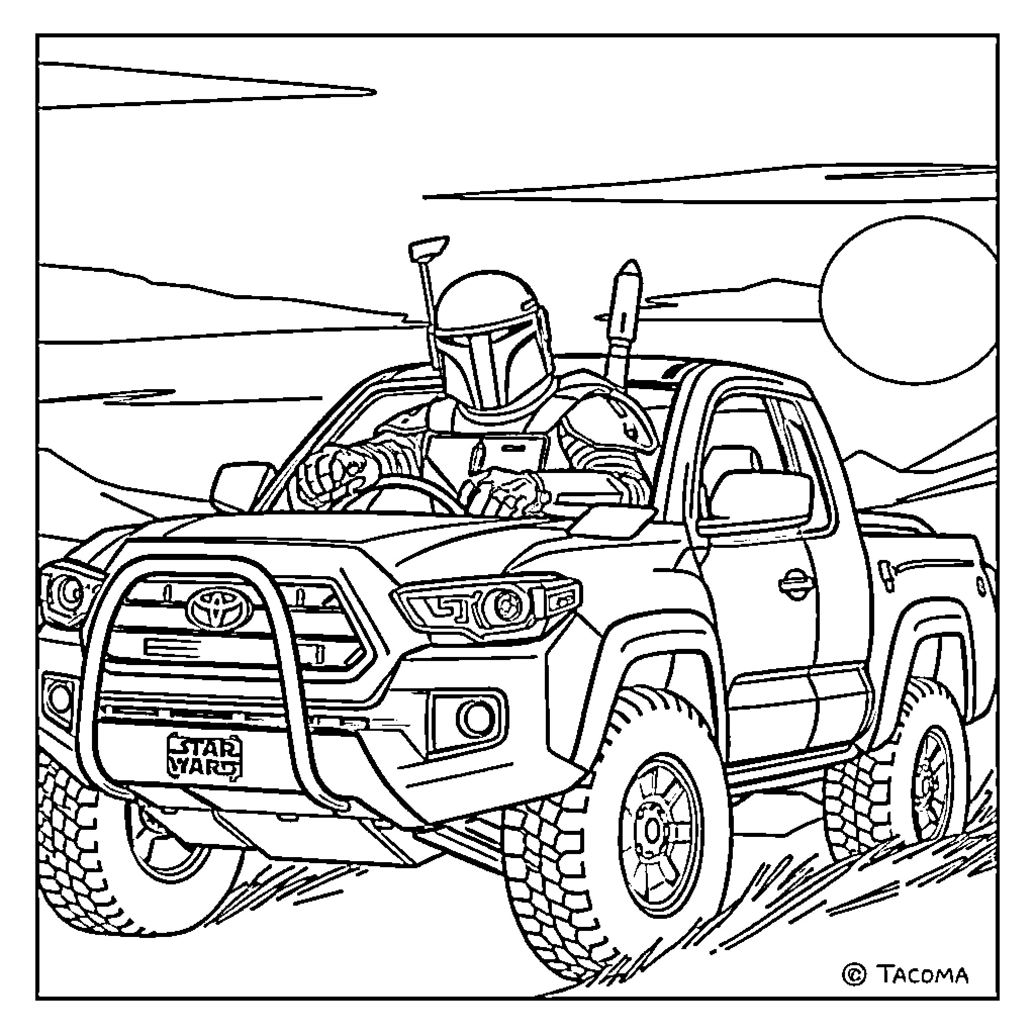 Boba Fett riding a rugged off-road vehicle through a desert landscape Coloring Page (free black-and-white line drawing printable PDF for all, from beginners to advanced learners, including children, teens, adults, and seniors)