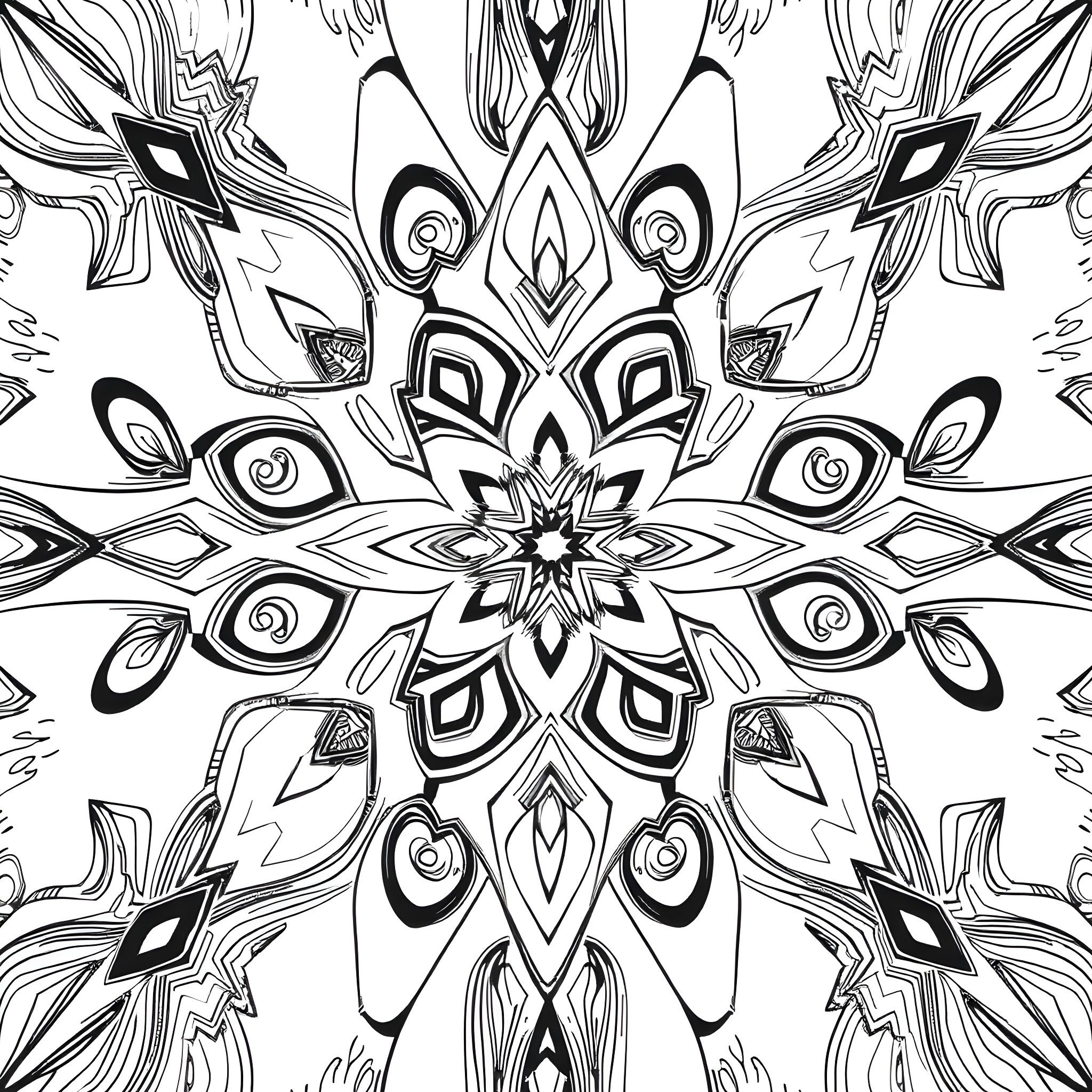 Pattern of Abstract Symmetrical Shapes Coloring Page (free black-and-white line drawing printable PDF for all, from beginners to advanced learners, including children, teens, adults, and seniors)