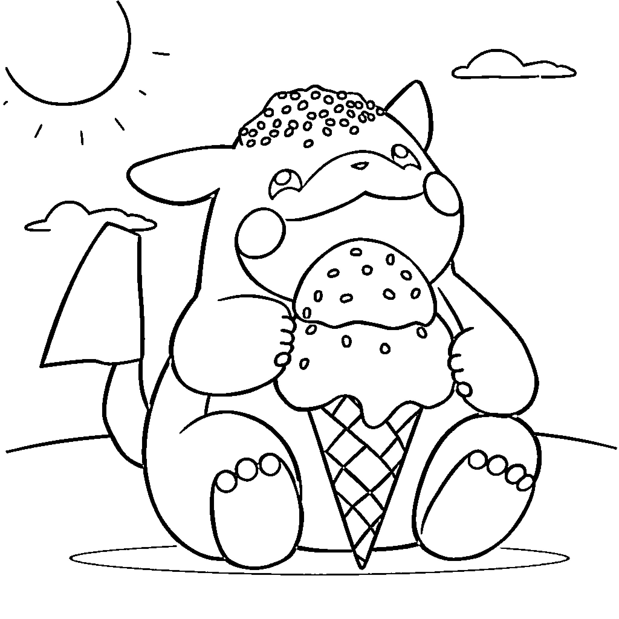Snorlax enjoying an ice cream on a sunny day Coloring Page (free black-and-white line drawing printable PDF for all, from beginners to advanced learners, including children, teens, adults, and seniors)