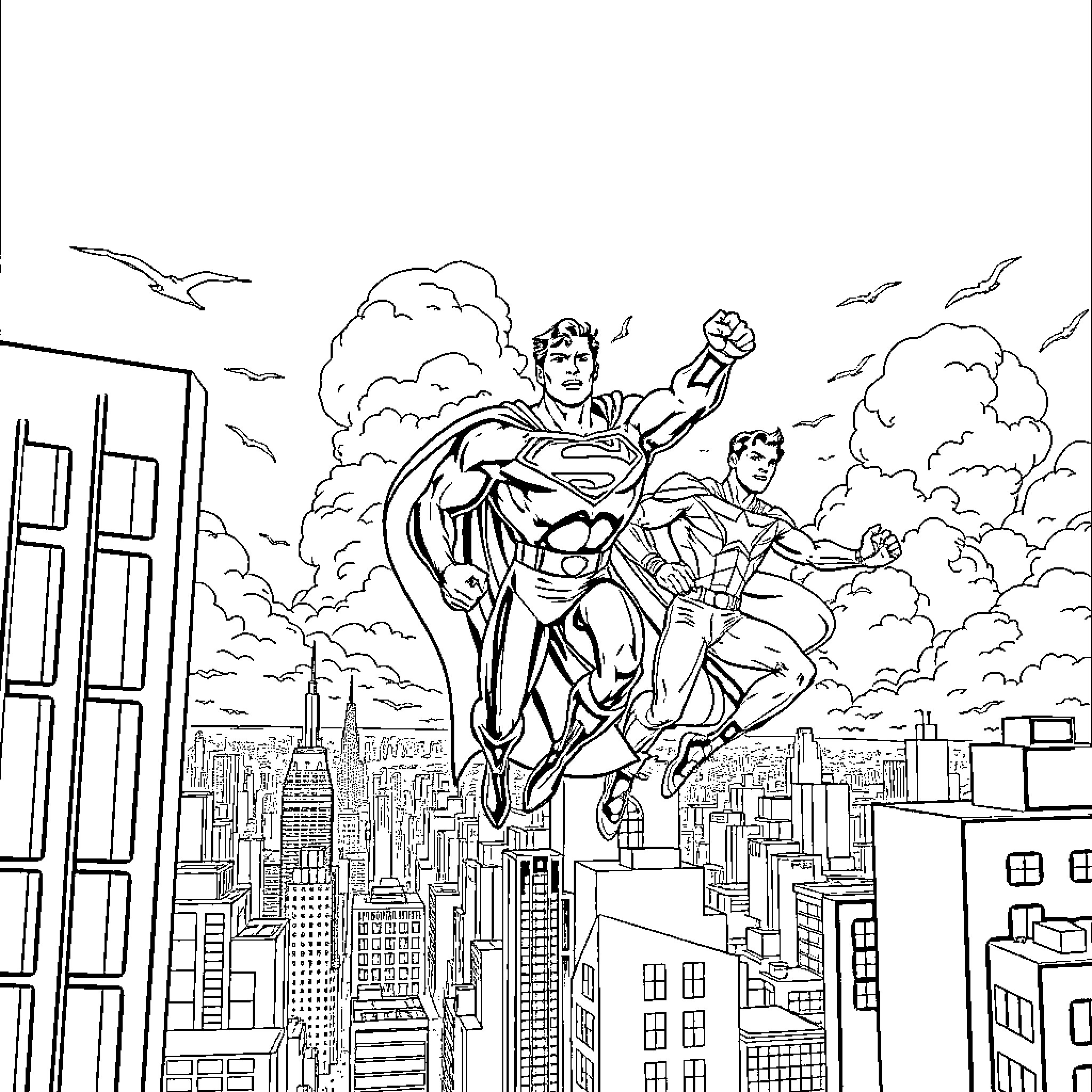 Superhero duo soaring over the cityscape Coloring Page (free black-and-white line drawing printable PDF for all, from beginners to advanced learners, including children, teens, adults, and seniors)
