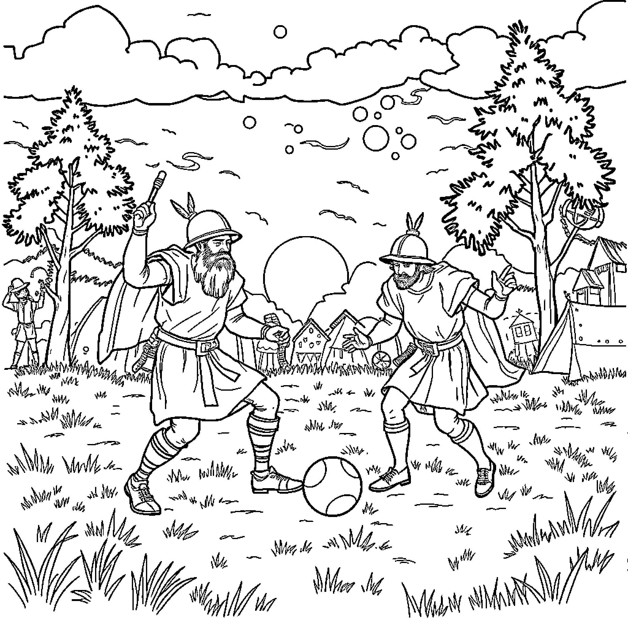 Avengers Assemble in Magical Forest Adventure Coloring Page (free black-and-white line drawing printable PDF for all, from beginners to advanced learners, including children, teens, adults, and seniors)