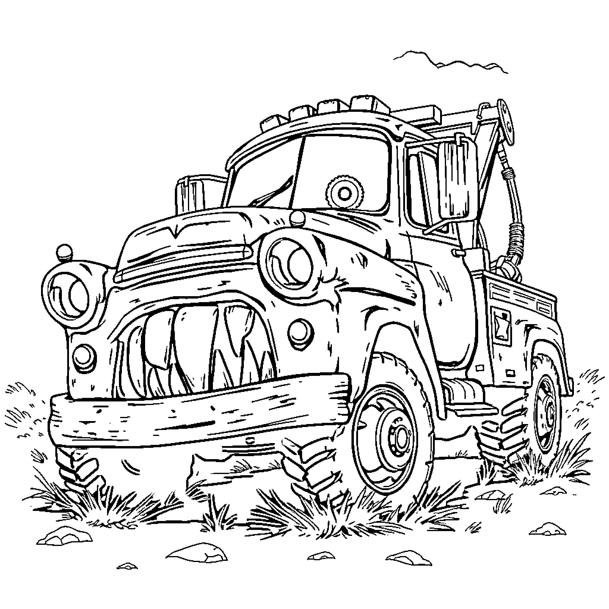Tow Mater in Funny Tow Truck Adventure Coloring Page (free black-and-white line drawing printable PDF for all, from beginners to advanced learners, including children, teens, adults, and seniors)