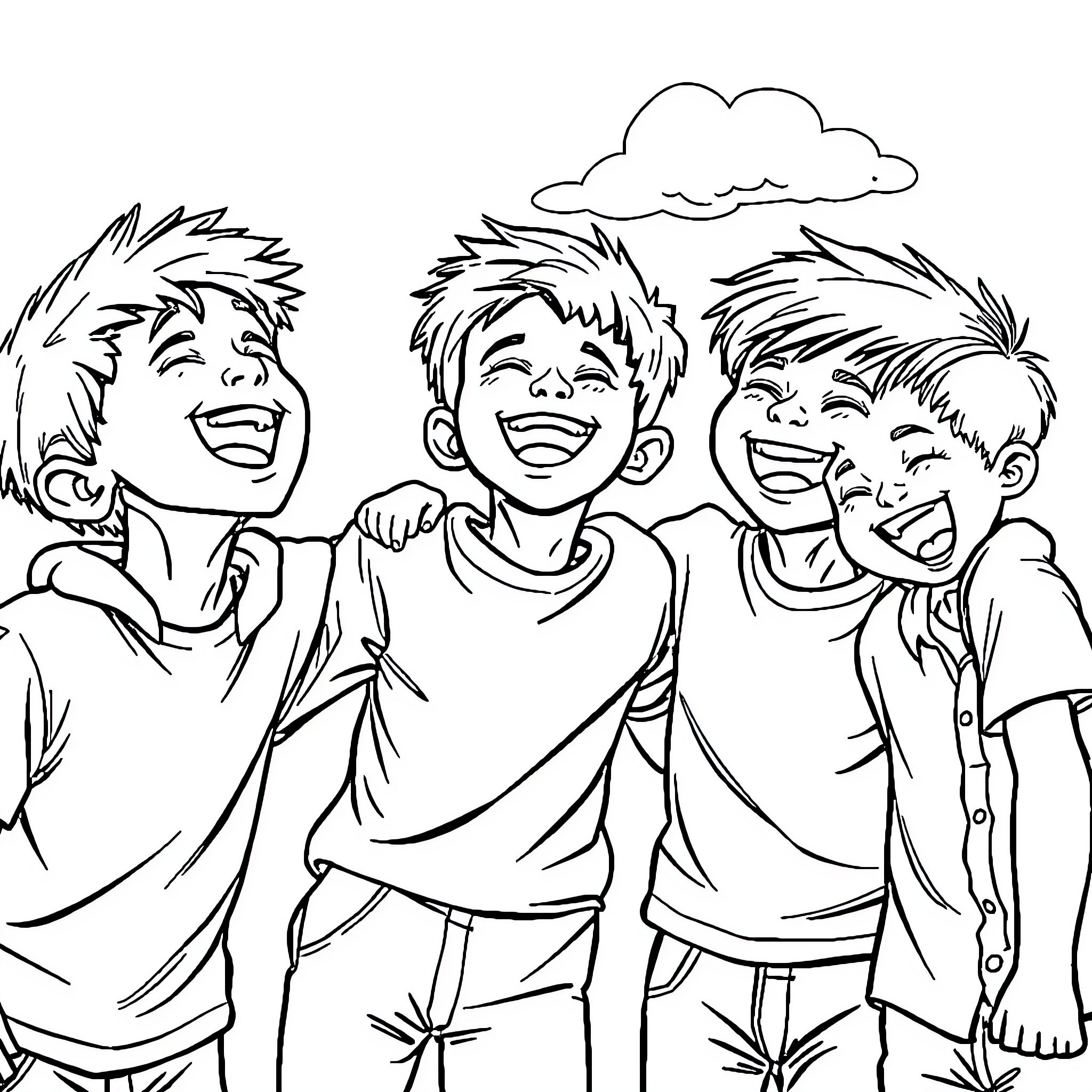 Saja Boy and His Cheerful Friends Coloring Page (free black-and-white line drawing printable PDF for all, from beginners to advanced learners, including children, teens, adults, and seniors)