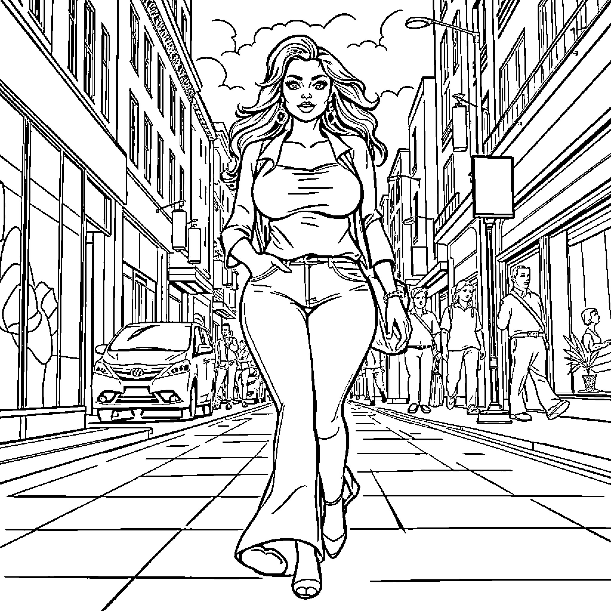 Woman walking confidently down a city street Coloring Page (free black-and-white line drawing printable PDF for all, from beginners to advanced learners, including children, teens, adults, and seniors)