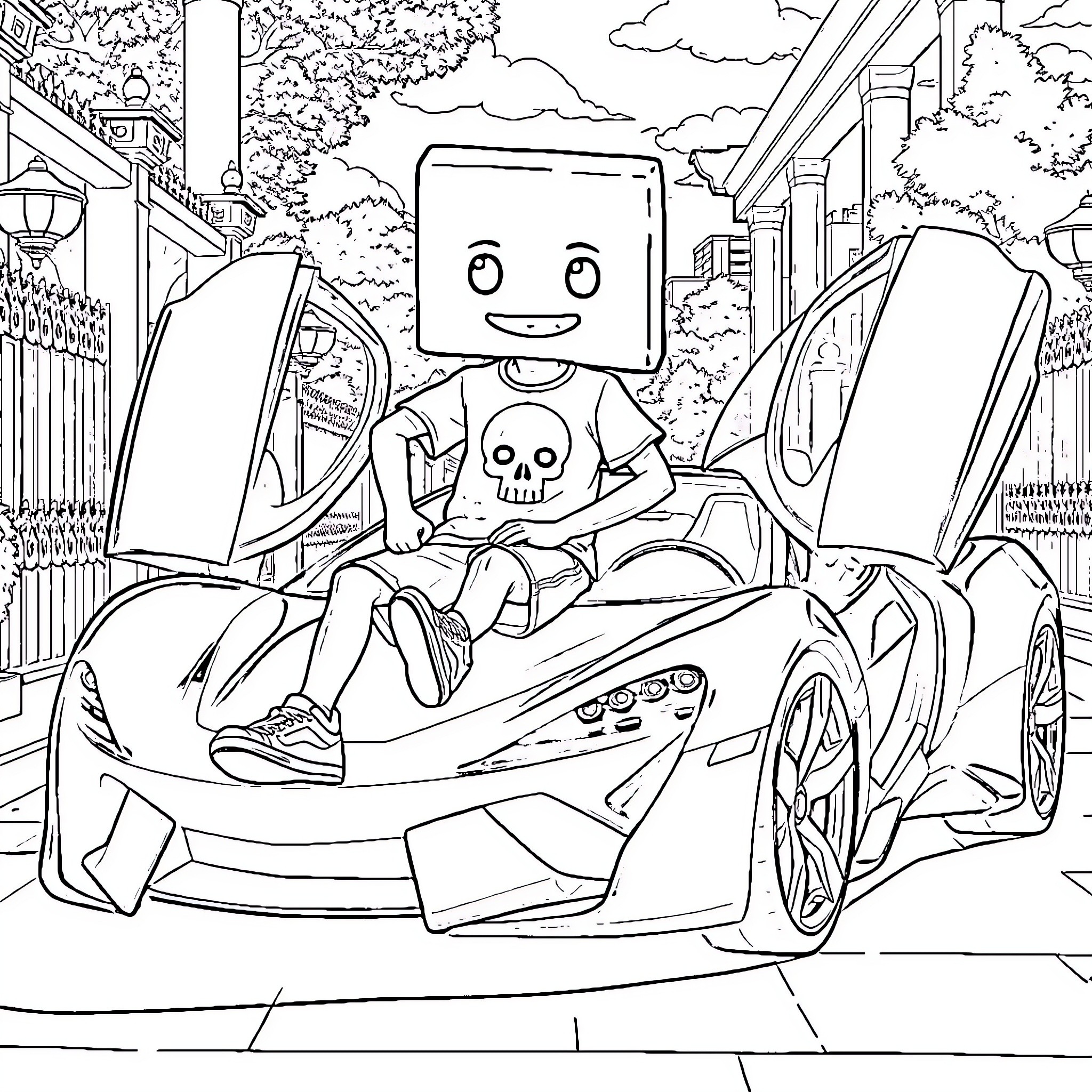 Character sitting in a futuristic car on a city street Coloring Page (free black-and-white line drawing printable PDF for all, from beginners to advanced learners, including children, teens, adults, and seniors)