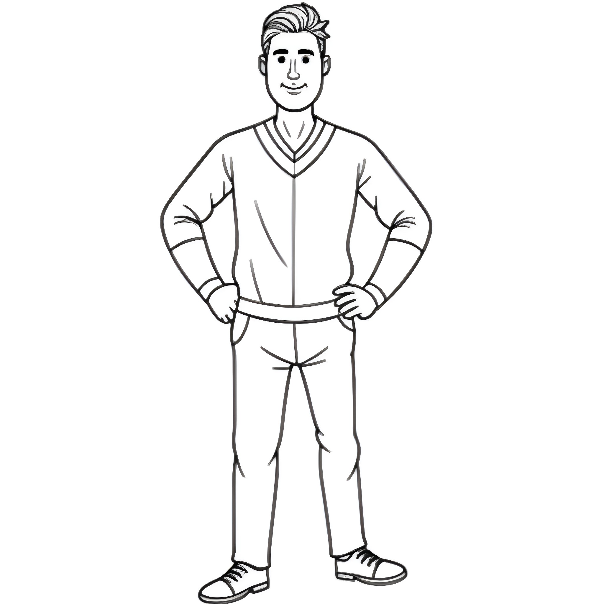 Man in casual outfit standing confidently Coloring Page (free black-and-white line drawing printable PDF for all, from beginners to advanced learners, including children, teens, adults, and seniors)