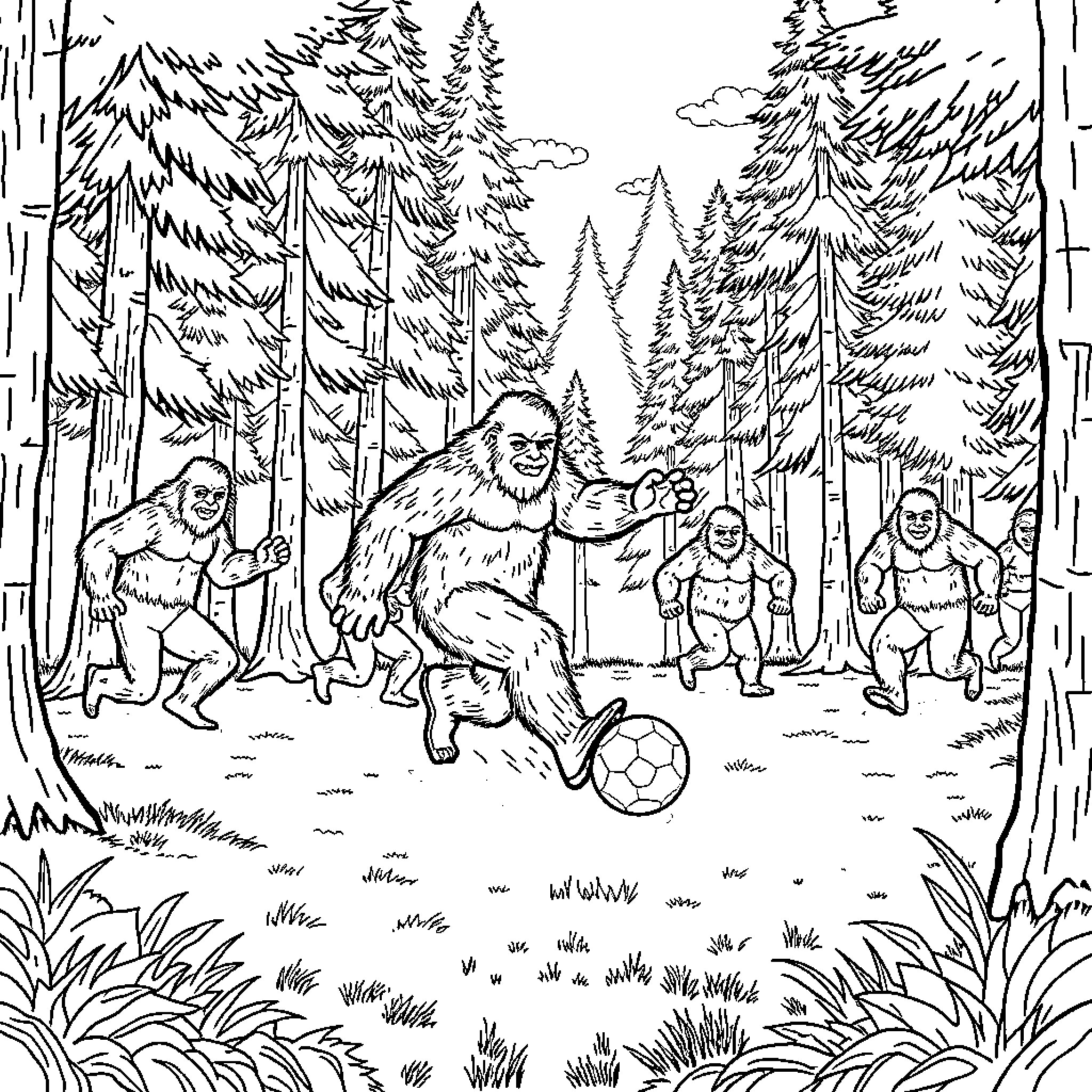 Bigfoot playing soccer with forest creatures Coloring Page (free black-and-white line drawing printable PDF for all, from beginners to advanced learners, including children, teens, adults, and seniors)
