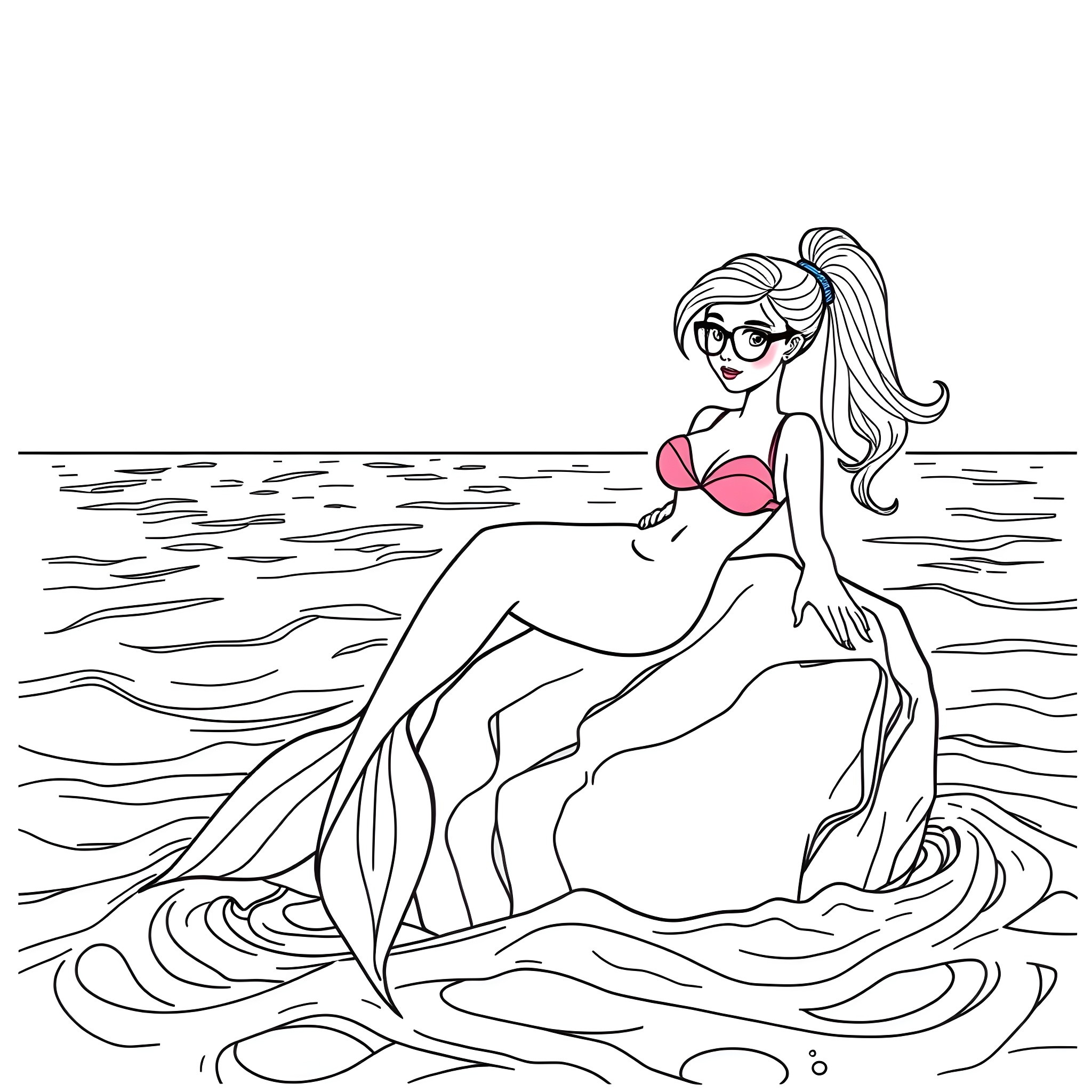 Mermaid relaxing in the ocean Coloring Page (free black-and-white line drawing printable PDF for all, from beginners to advanced learners, including children, teens, adults, and seniors)