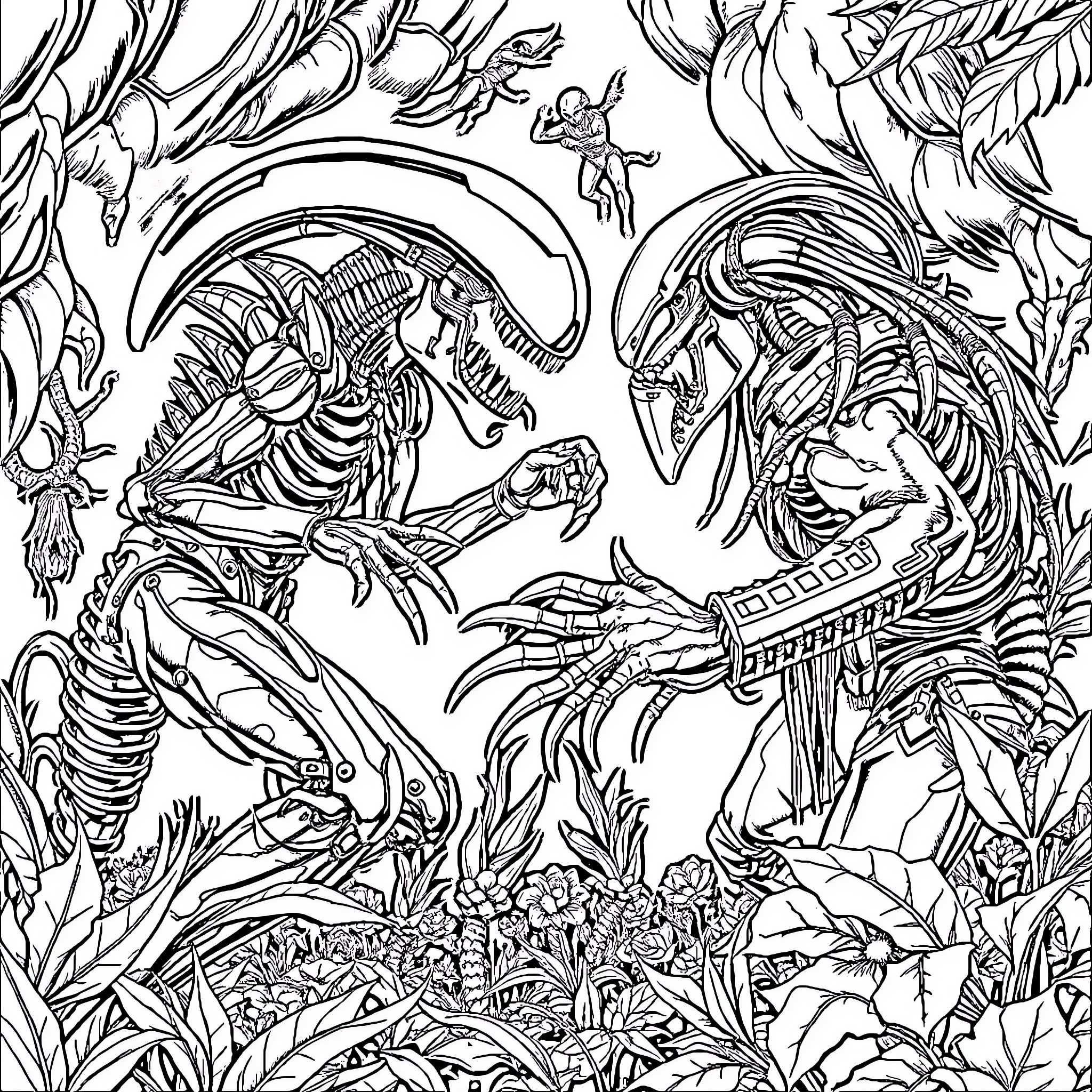 Xenomorph Creatures in Twisted Jungle Landscape Coloring Page (free black-and-white line drawing printable PDF for all, from beginners to advanced learners, including children, teens, adults, and seniors)