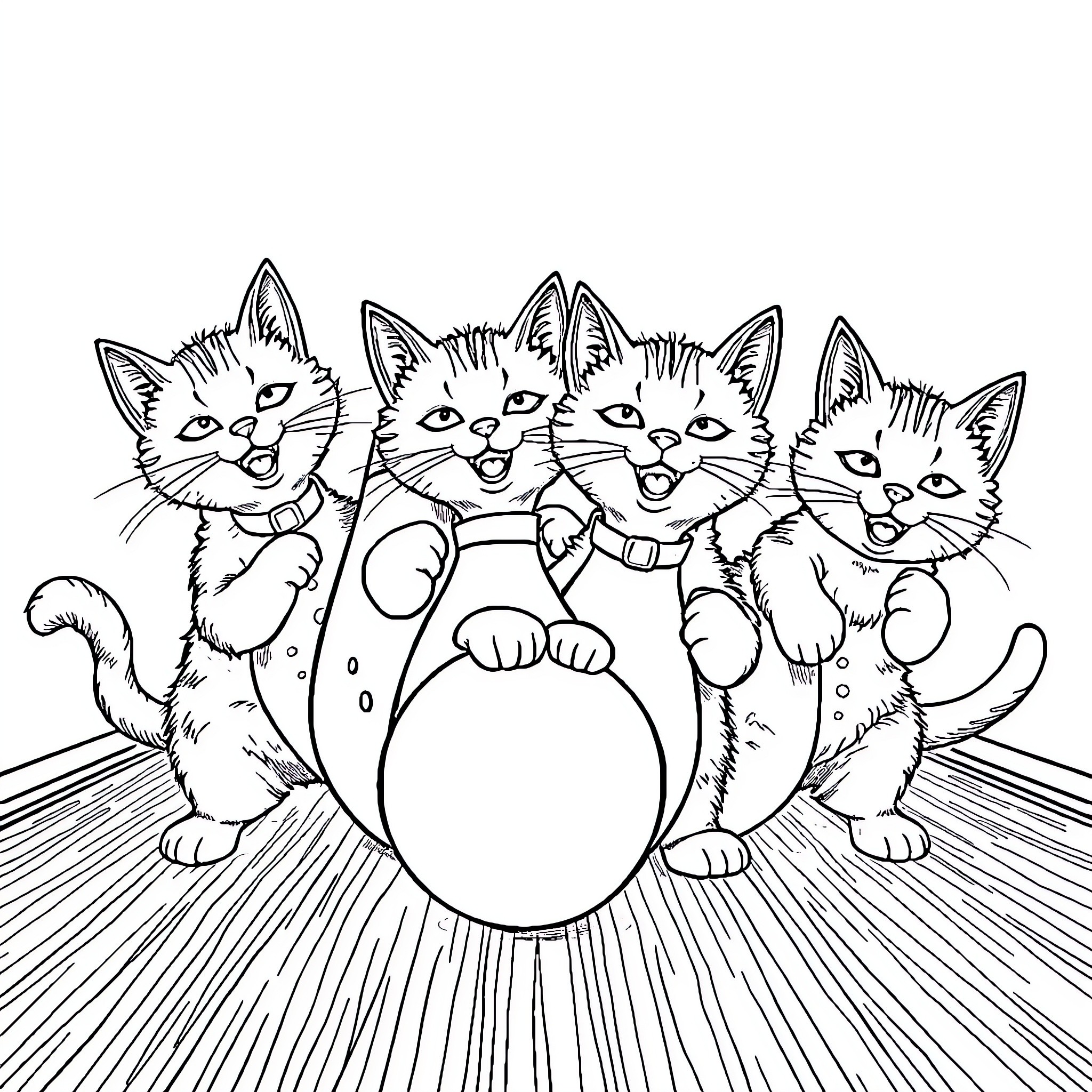 Cat kittens playing together happily Coloring Page (free black-and-white line drawing printable PDF for all, from beginners to advanced learners, including children, teens, adults, and seniors)