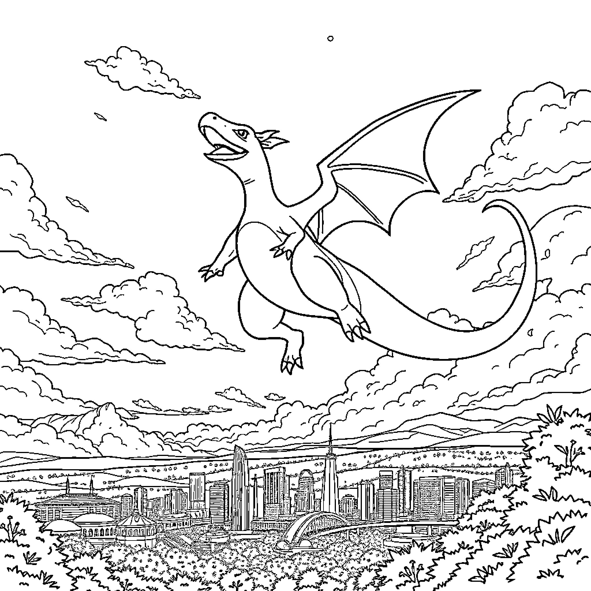 Charizard soaring over a fantastical cityscape Coloring Page (free black-and-white line drawing printable PDF for all, from beginners to advanced learners, including children, teens, adults, and seniors)