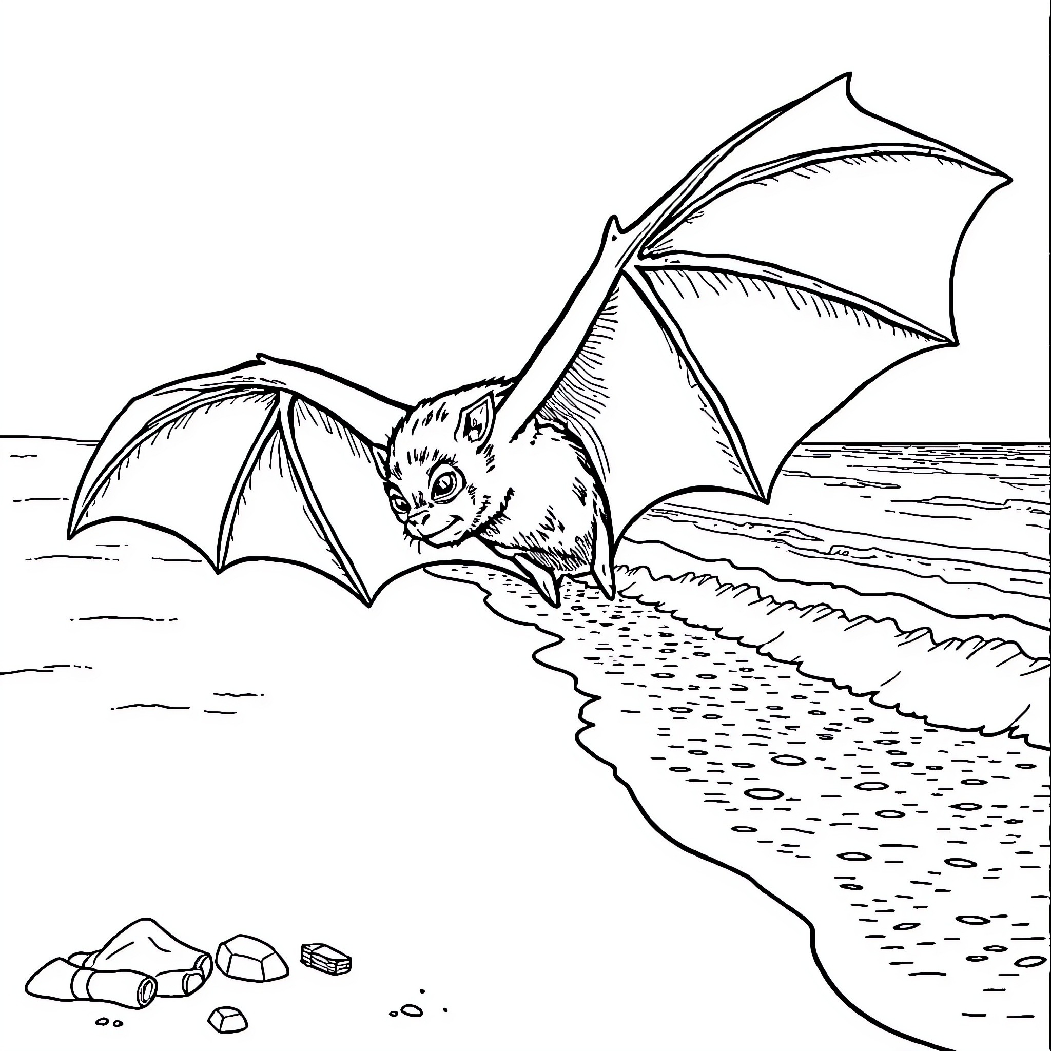 Bat soaring over tranquil shoreline Coloring Page (free black-and-white line drawing printable PDF for all, from beginners to advanced learners, including children, teens, adults, and seniors)