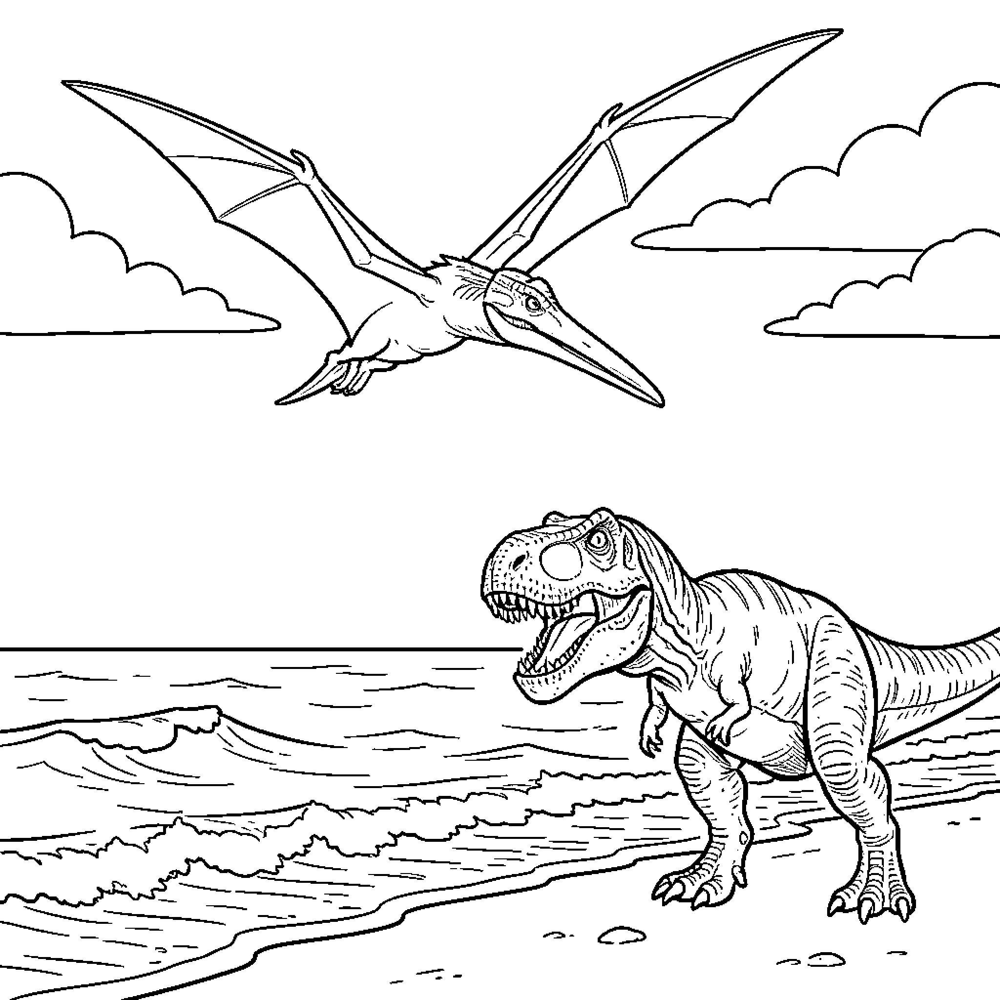 Pterodactyl flying over a dinosaur walking on the beach Coloring Page (free black-and-white line drawing printable PDF for all, from beginners to advanced learners, including children, teens, adults, and seniors)