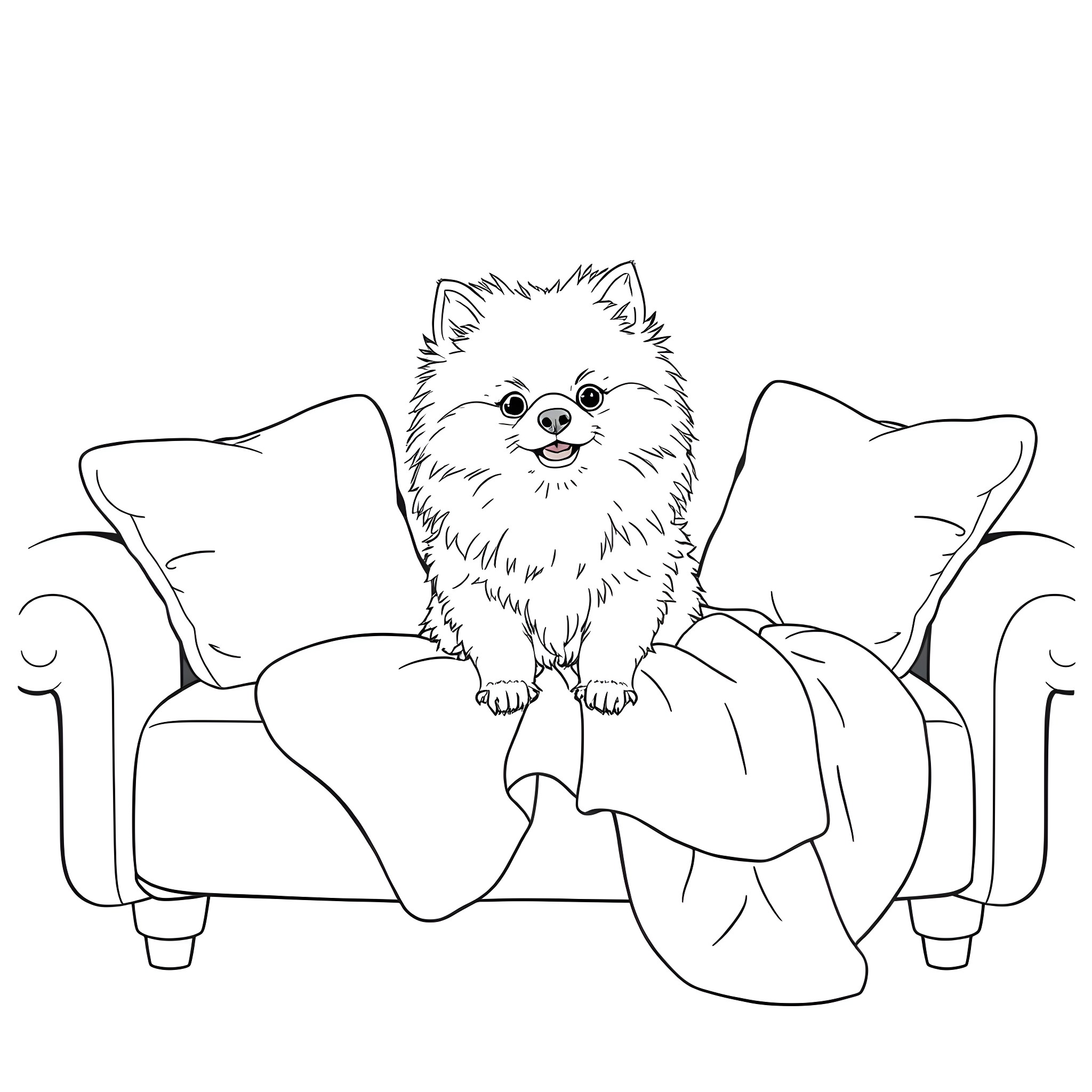 Pomeranian relaxing comfortably on sofa Coloring Page (free black-and-white line drawing printable PDF for all, from beginners to advanced learners, including children, teens, adults, and seniors)